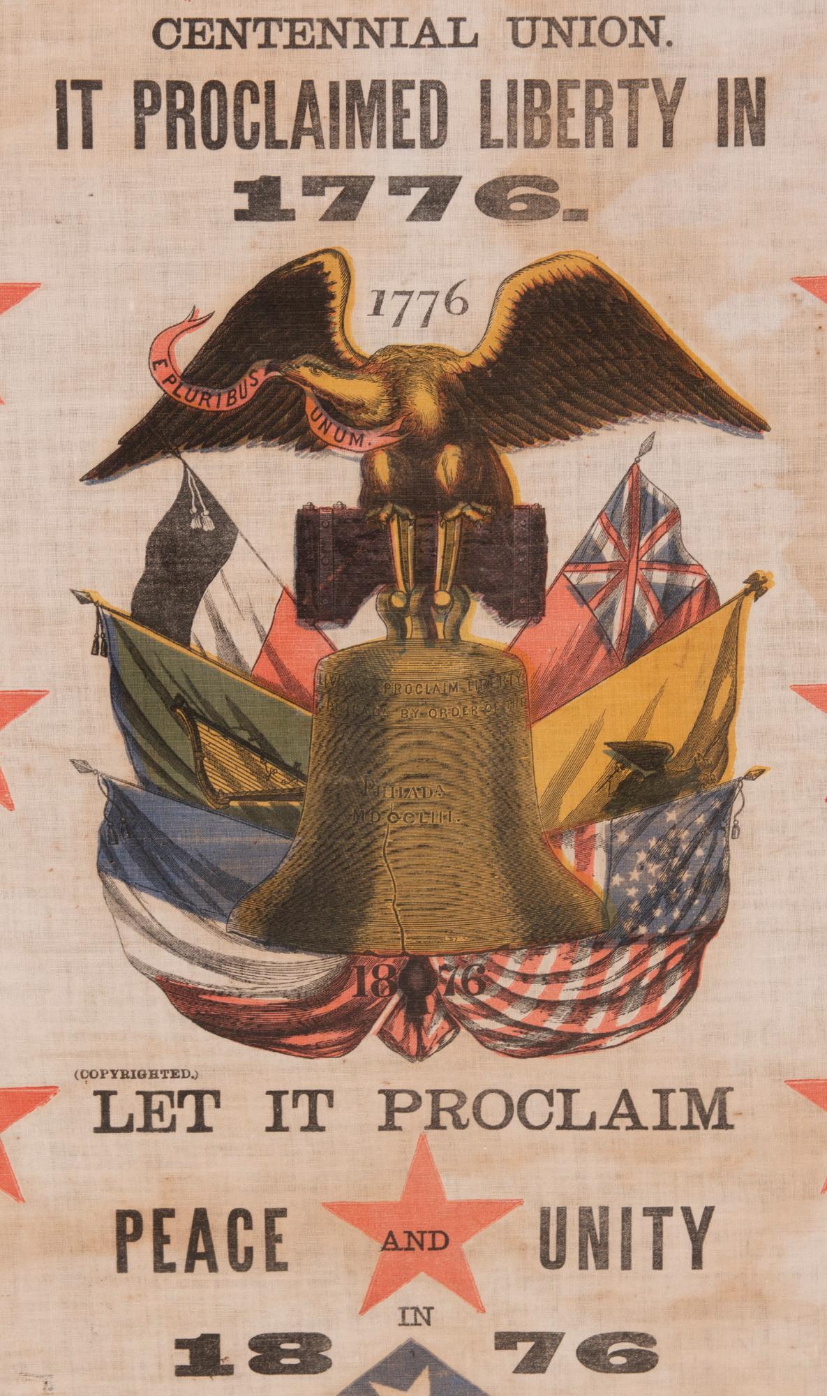 American 1876 Centennial Banner, with Patriotic Phrases, ca 1876