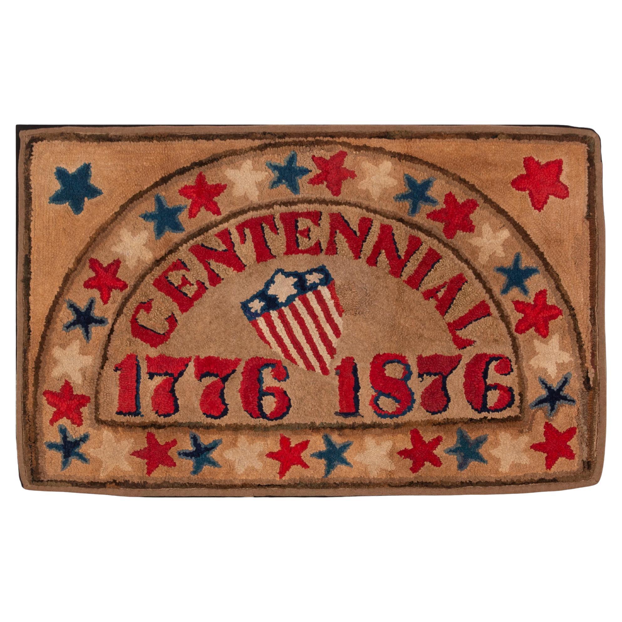 1876 Centennial Hooked Rug with Stars and Shiled