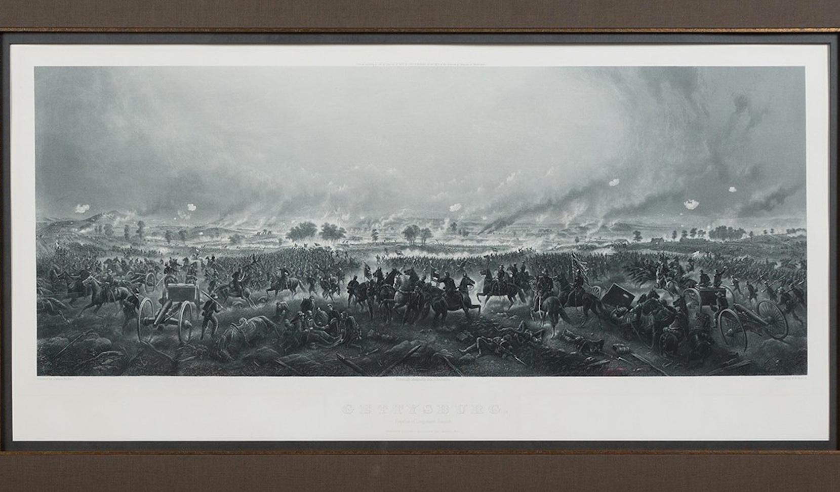 Presented here is an 1876 engraving of John B. Bachelder and James Walker’s Gettysburg. Repulse of Longstreet’s Assault together with two ornately decorated Union Officer swords. The engraved scene depicts the decisive battle on the final day of the