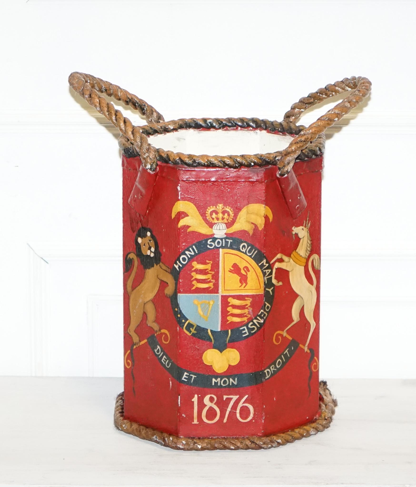 British 1876 NAVAL HAND PAINTED WOODEN POWDER CANON BiN H.M.S. ESSEX COAT OF ARMS For Sale