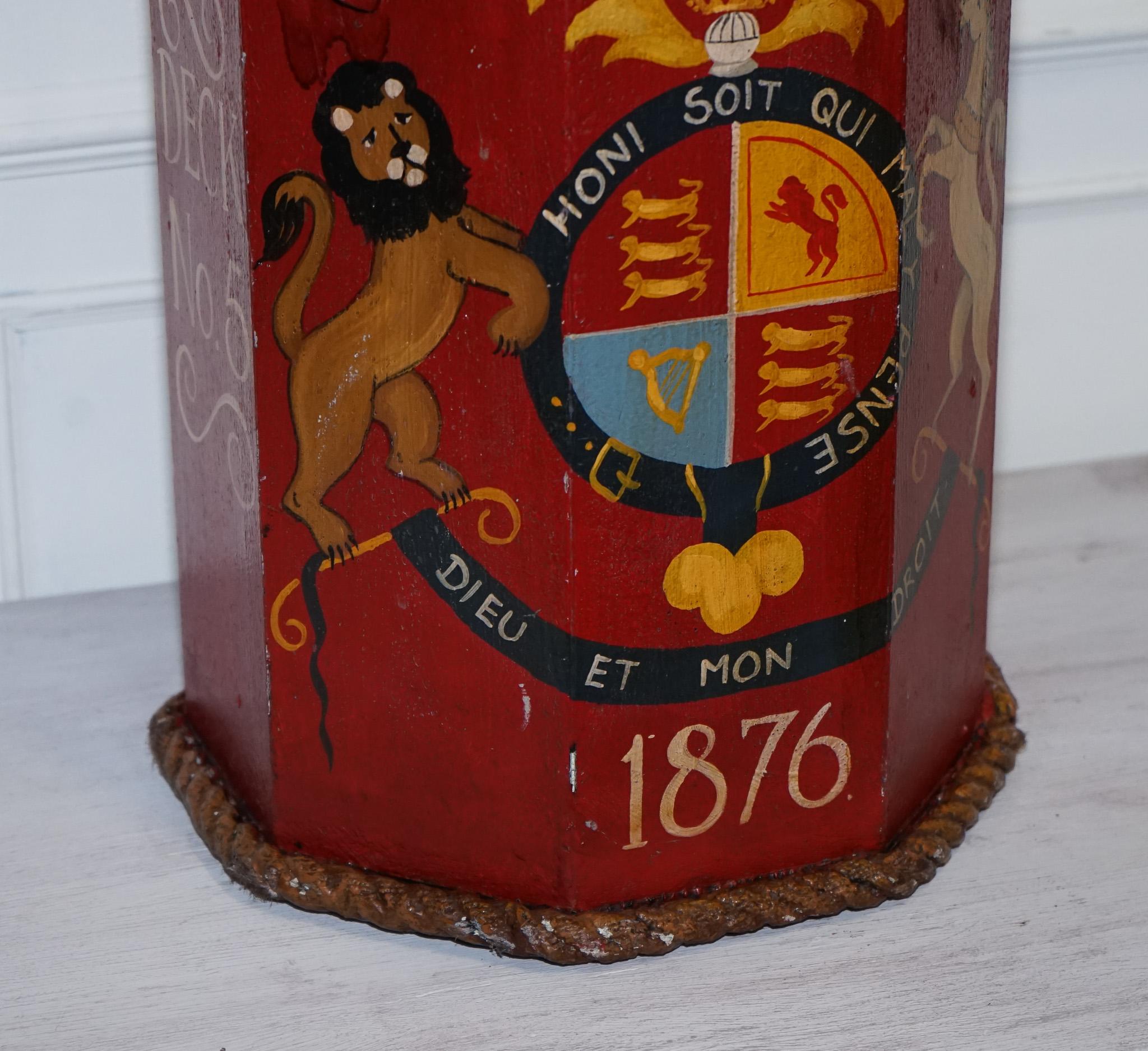 Hand-Crafted 1876 NAVAL HAND PAINTED WOODEN POWDER CANON BiN H.M.S. ESSEX COAT OF ARMS For Sale