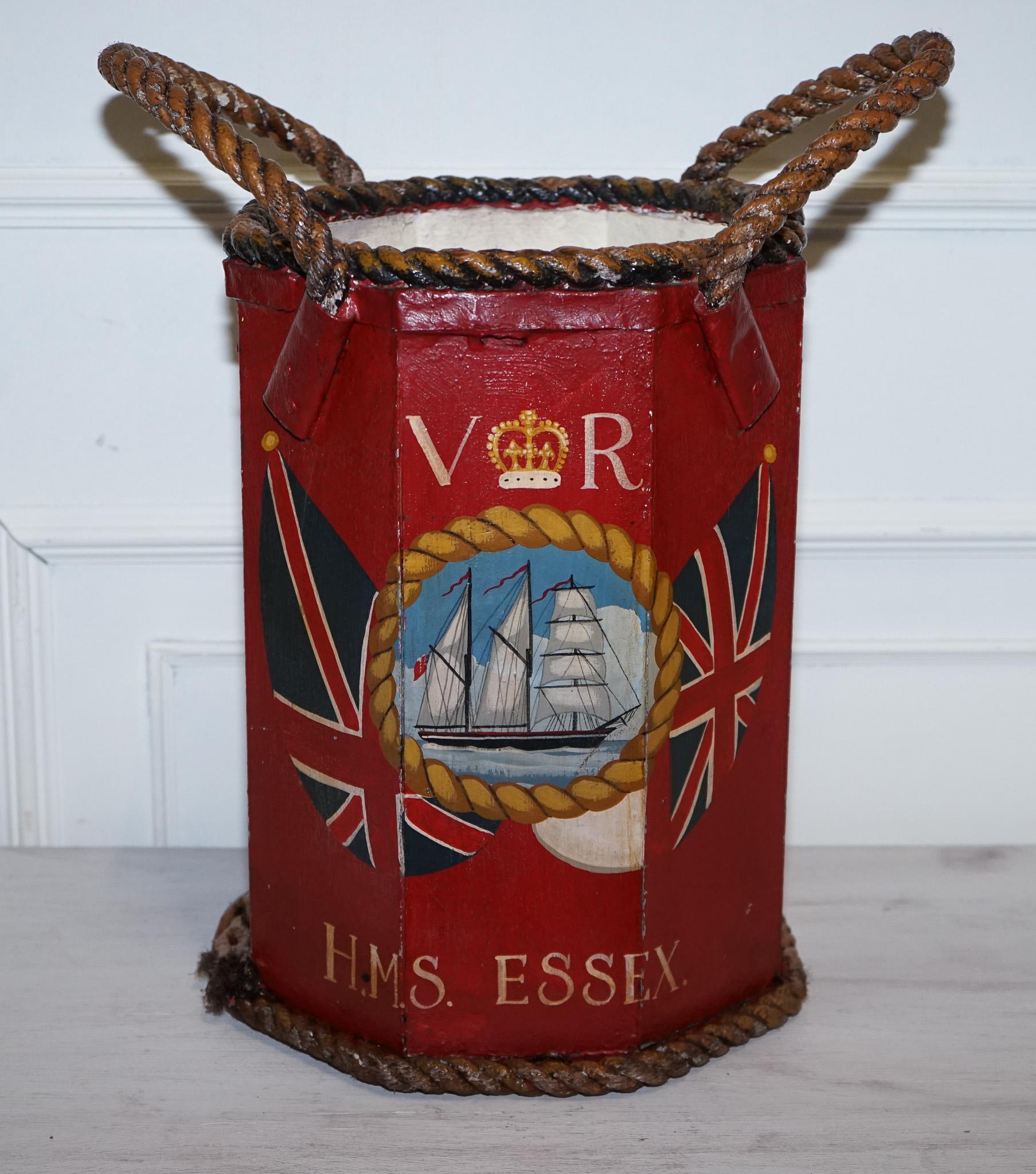 20th Century 1876 NAVAL HAND PAINTED WOODEN POWDER CANON BiN H.M.S. ESSEX COAT OF ARMS For Sale
