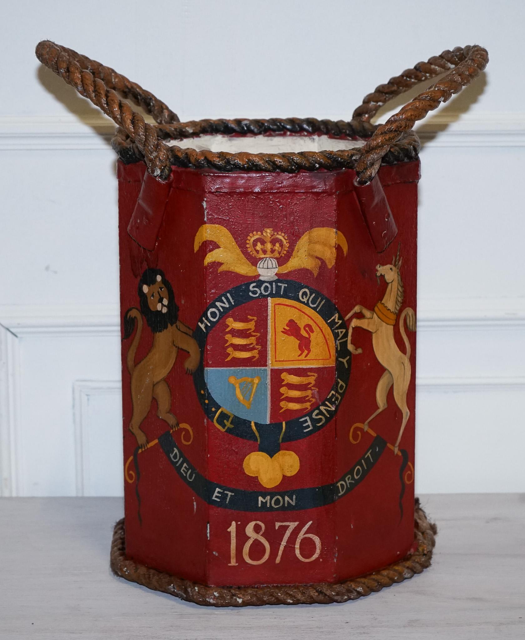 1876 NAVAL HAND PAINTED WOODEN POWDER CANON BiN H.M.S. ESSEX COAT OF ARMS For Sale 1