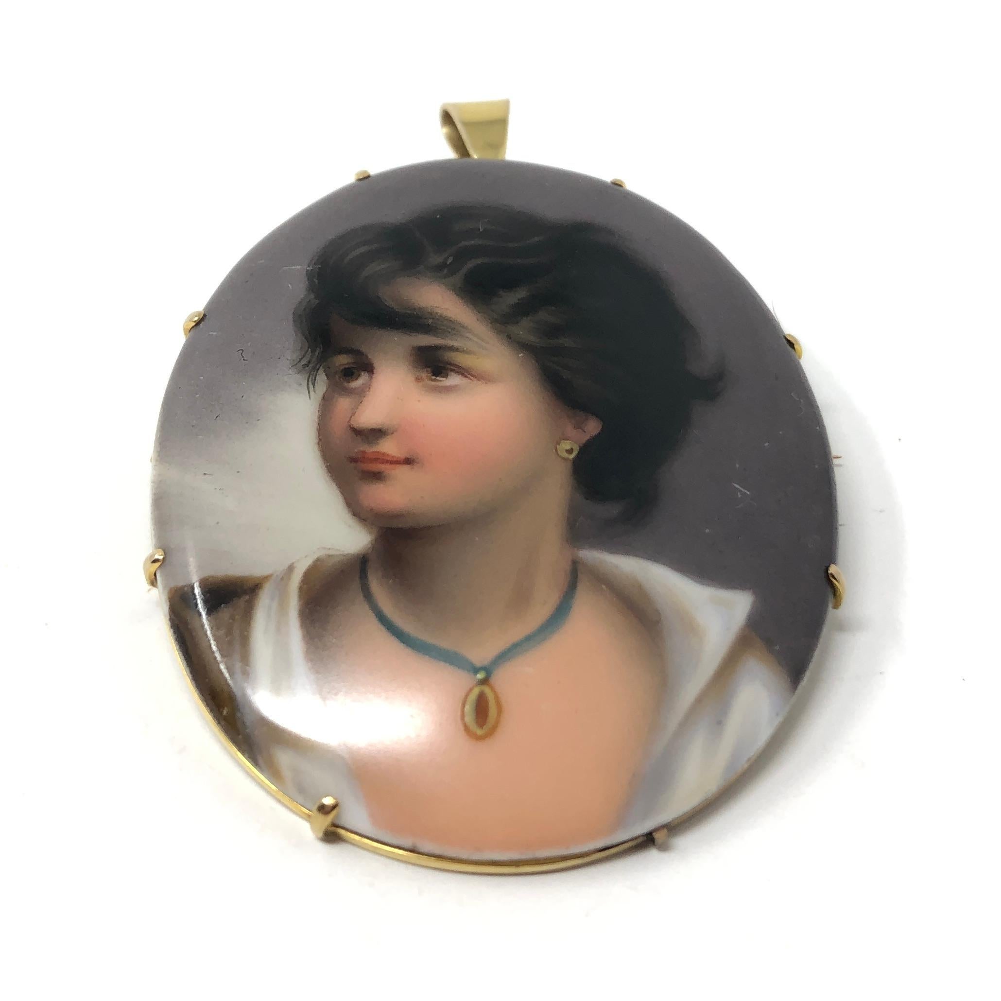 1876 Viktorianische 9ct Gold Portrait Miniature Anhänger und Brosche im Zustand „Gut“ im Angebot in Skelmersdale, GB