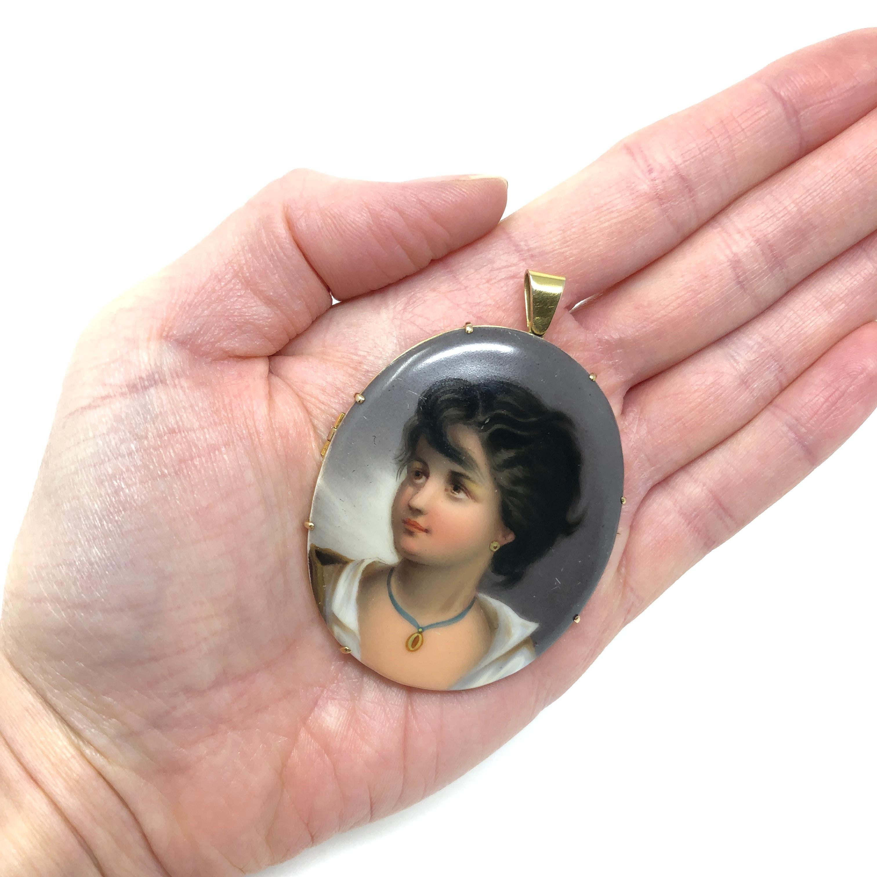 1876 Victorian 9ct Gold Portrait Miniature Pendant and Brooch For Sale 4