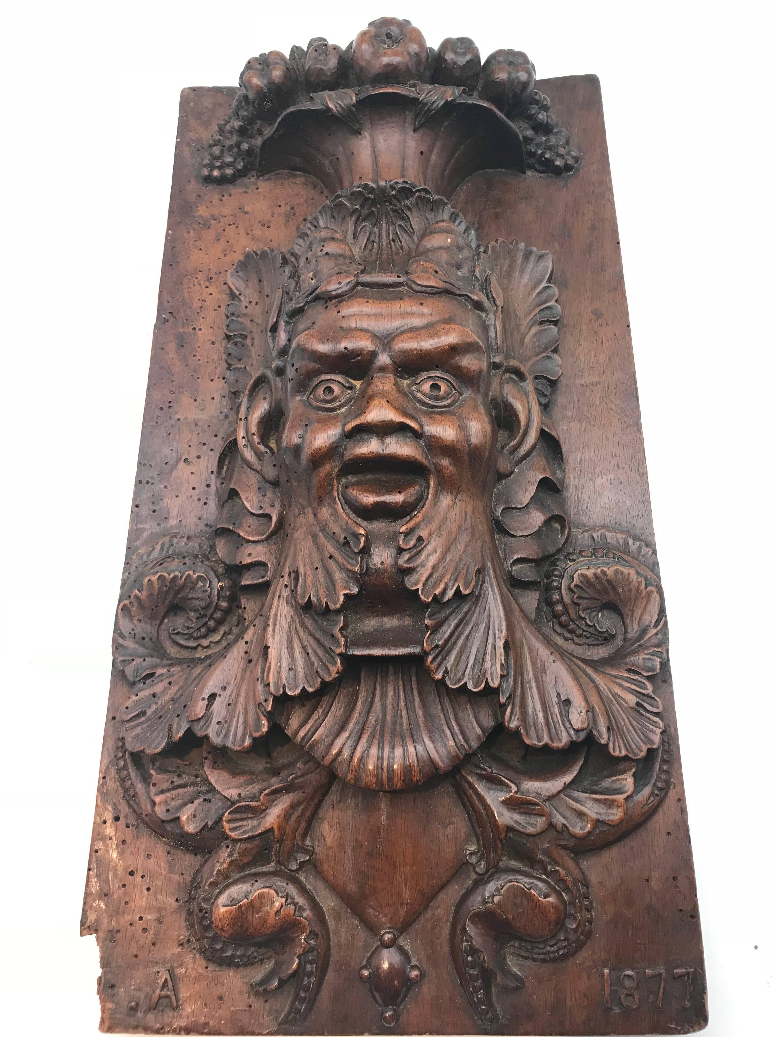 1877 French Carved Wooden Study of Bacchus on Wooden Panel, Dated and Signed 