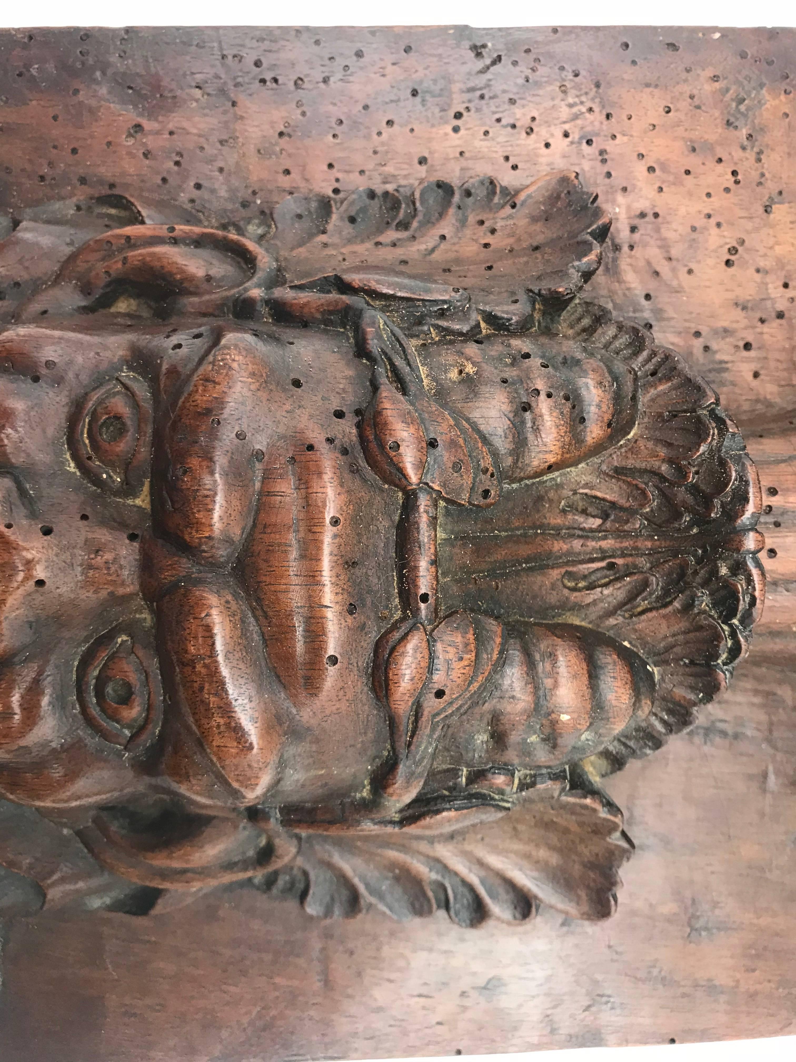 1877 French Carved Wooden Study of Bacchus on Wooden Panel, Dated and Signed 