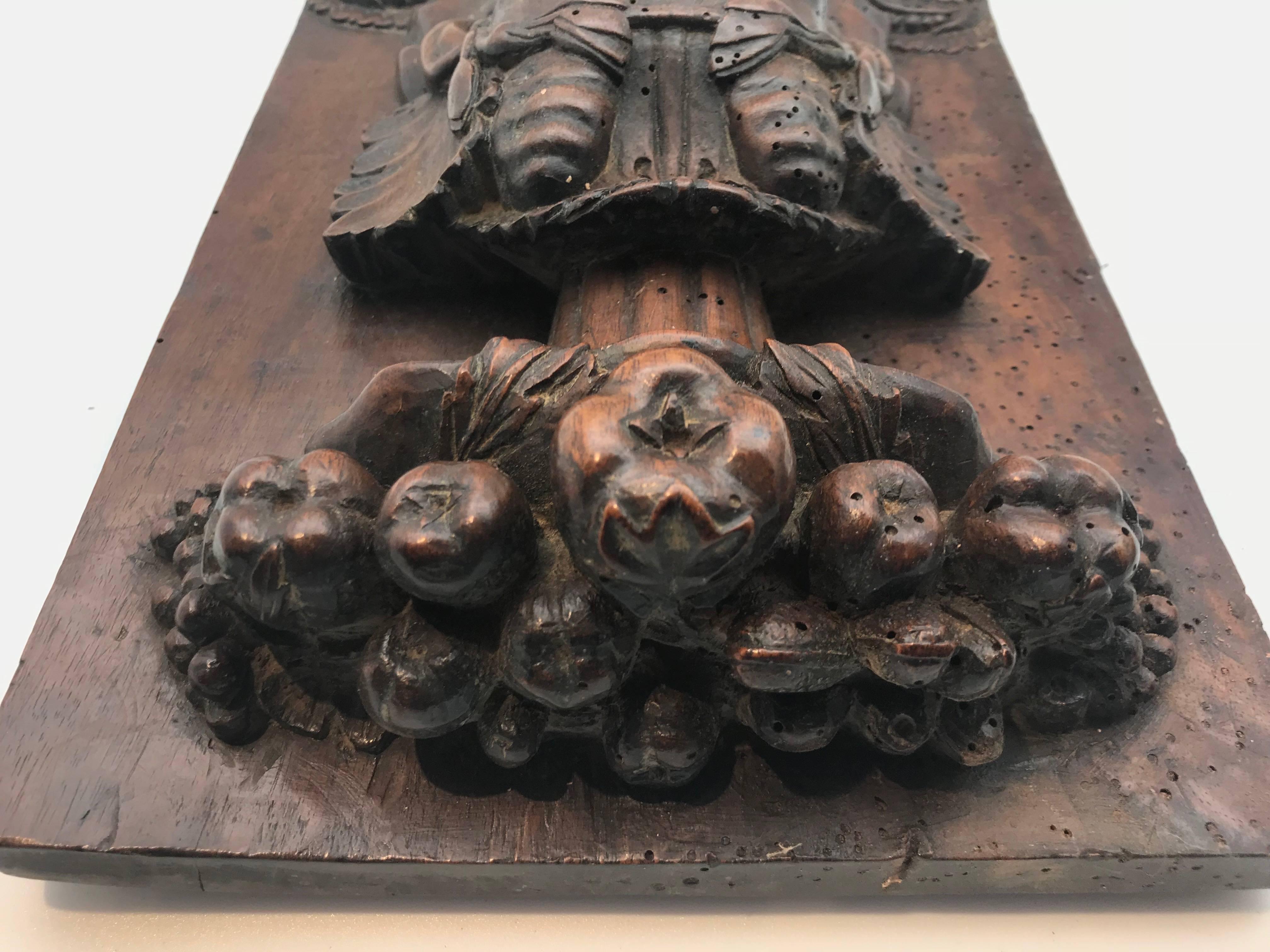 1877 French Carved Wooden Study of Bacchus on Wooden Panel, Dated and Signed 