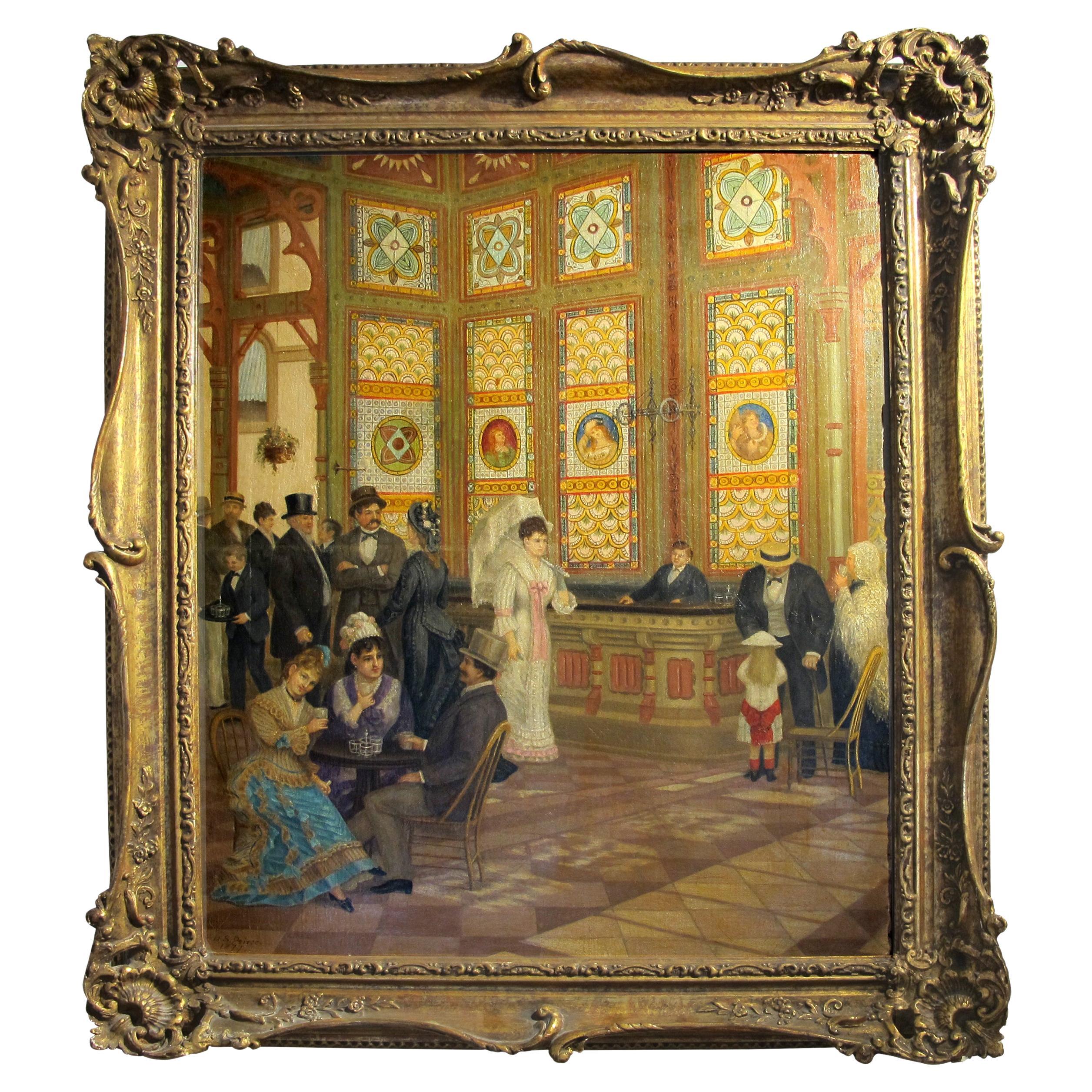1877 French Oil Painting Grand Hall Scene and Gilt Gesso Frame artist D S Peiree