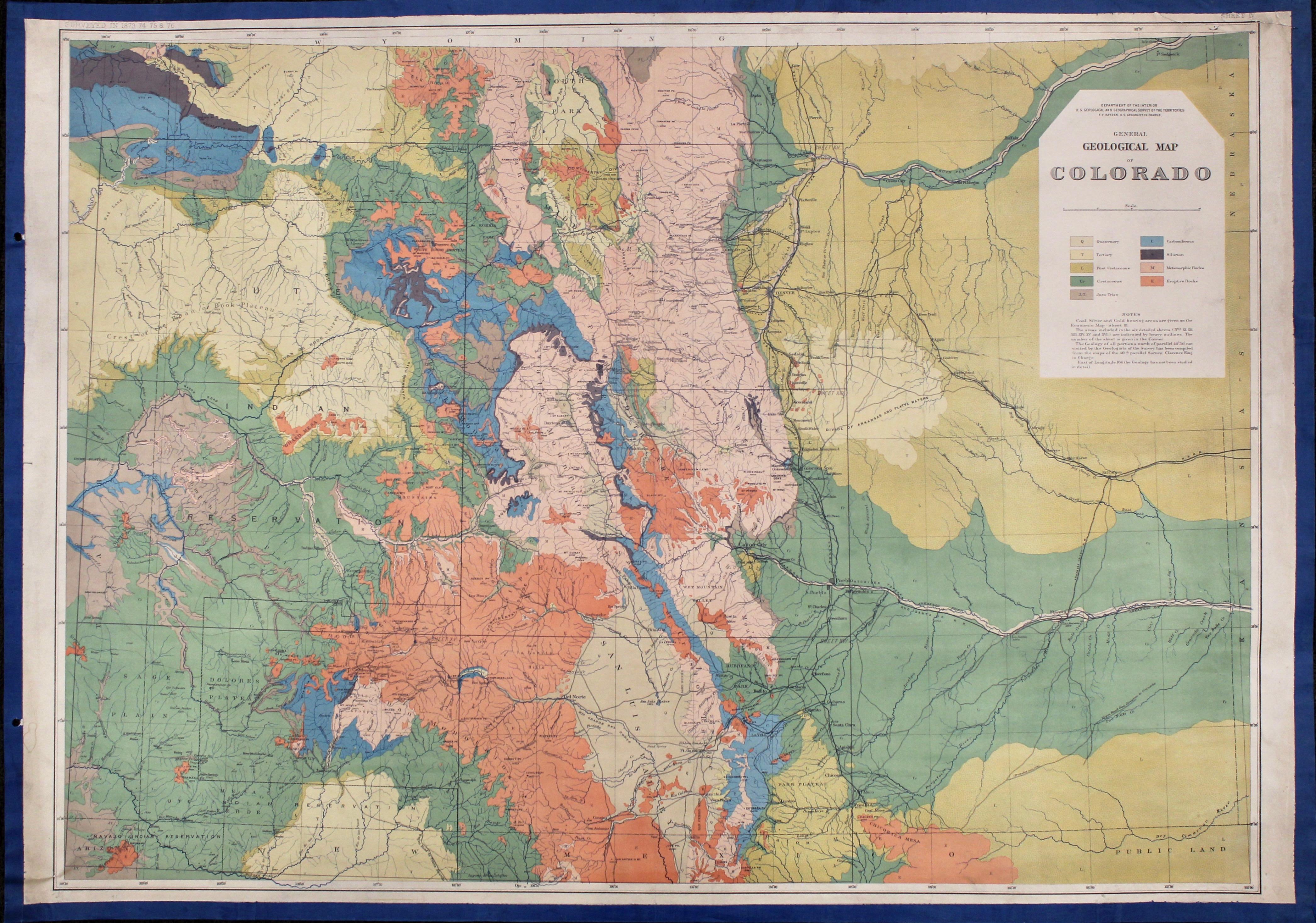 Offered is an original “General Geological Map of Colorado” by F. V. Hayden. The map was printed as part of the 1877 “Geological and Geographical Atlas of Colorado and Portions of Adjacent Territory,” lithographed by Julies Bein, and sponsored by