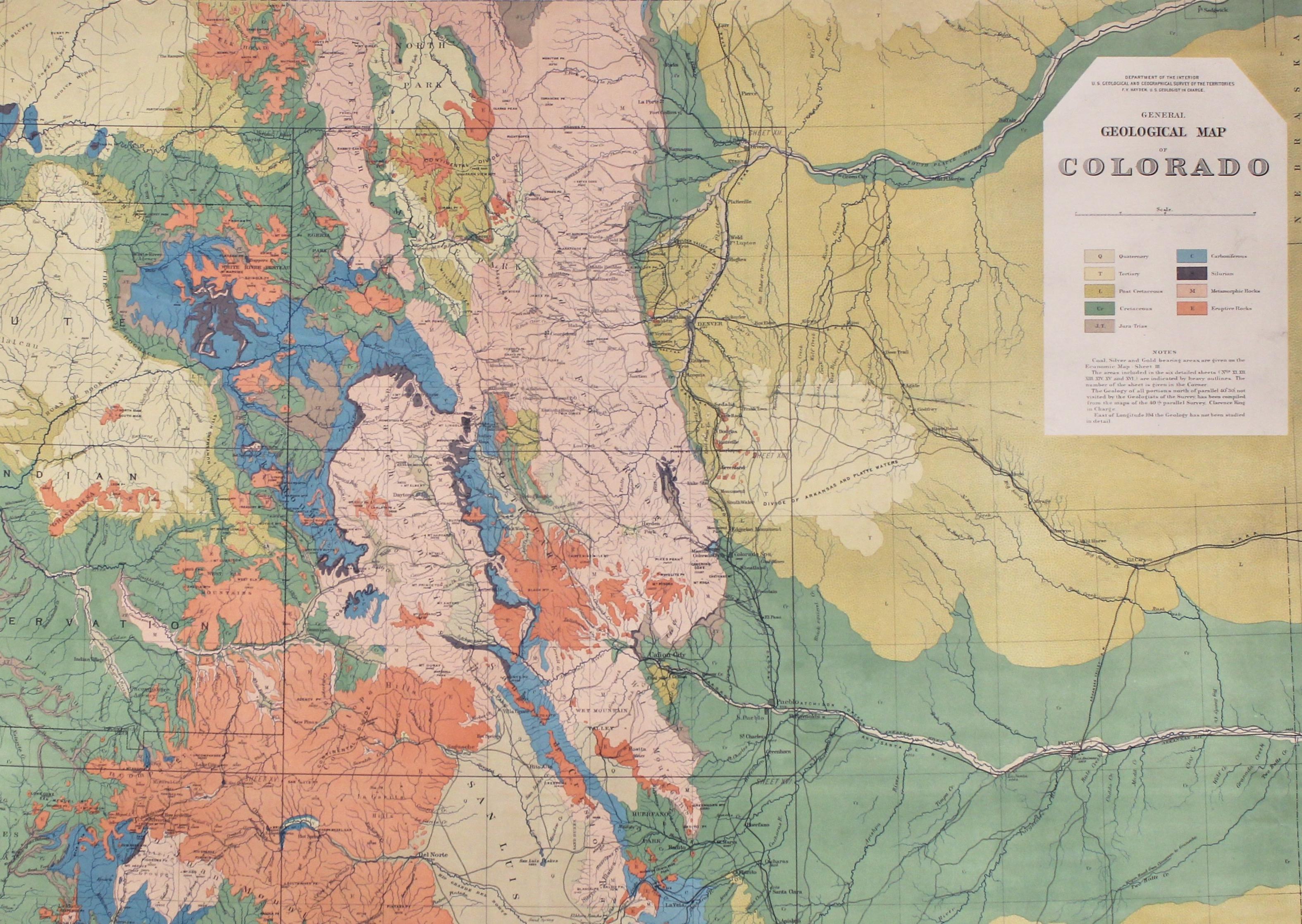American 1877 General Geological Map of Colorado by F. V. Hayden