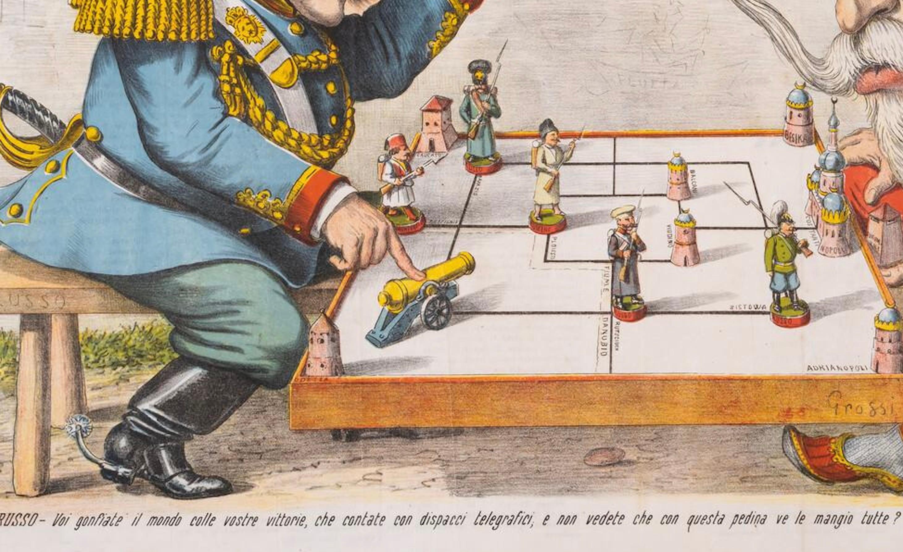 1877 Hand-Colored Russo-Turkish War Caricature by Augusto Grossi, Large Print