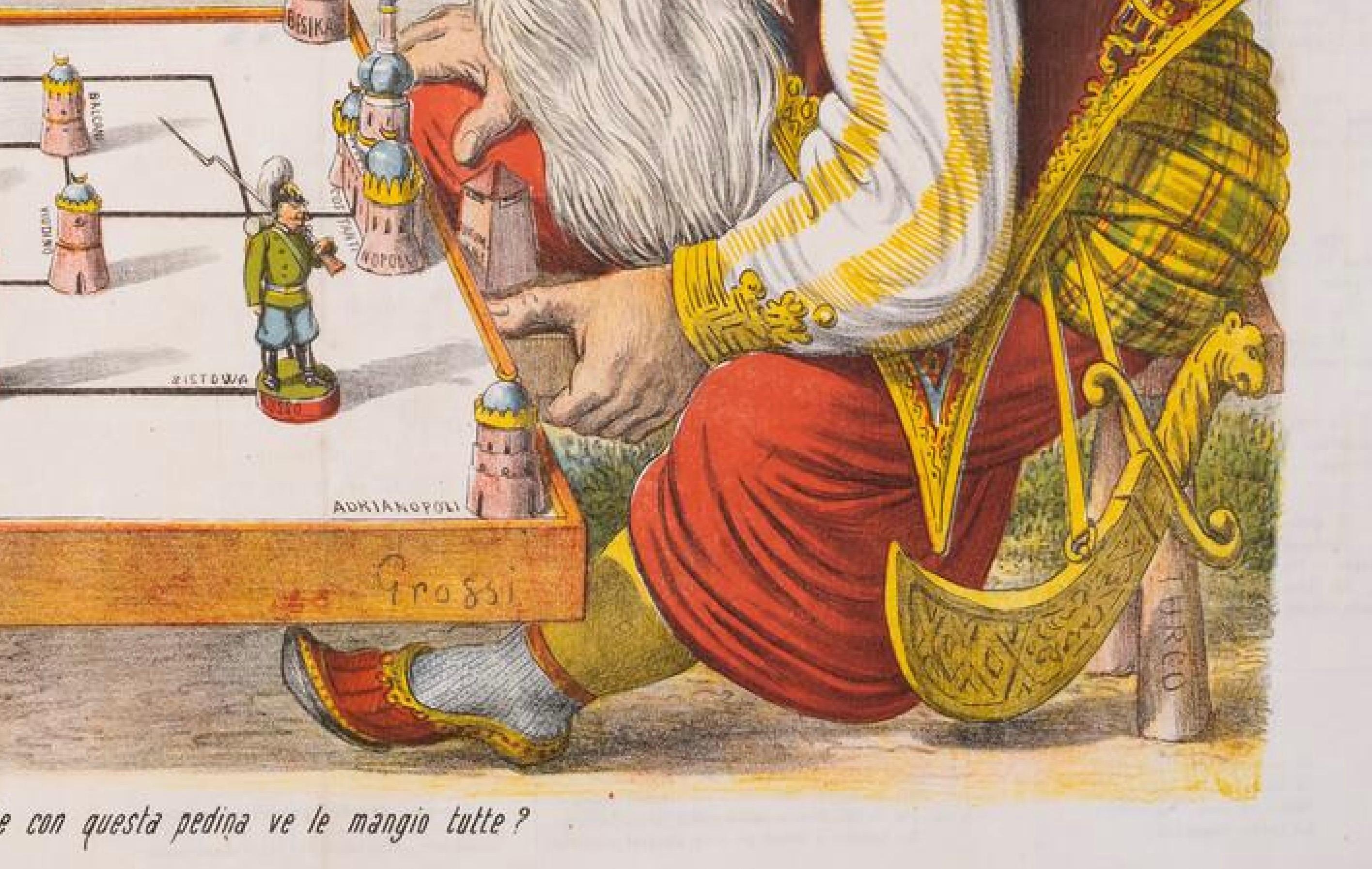 1877 Hand-Colored Russo-Turkish War Caricature by Augusto Grossi, Large Print