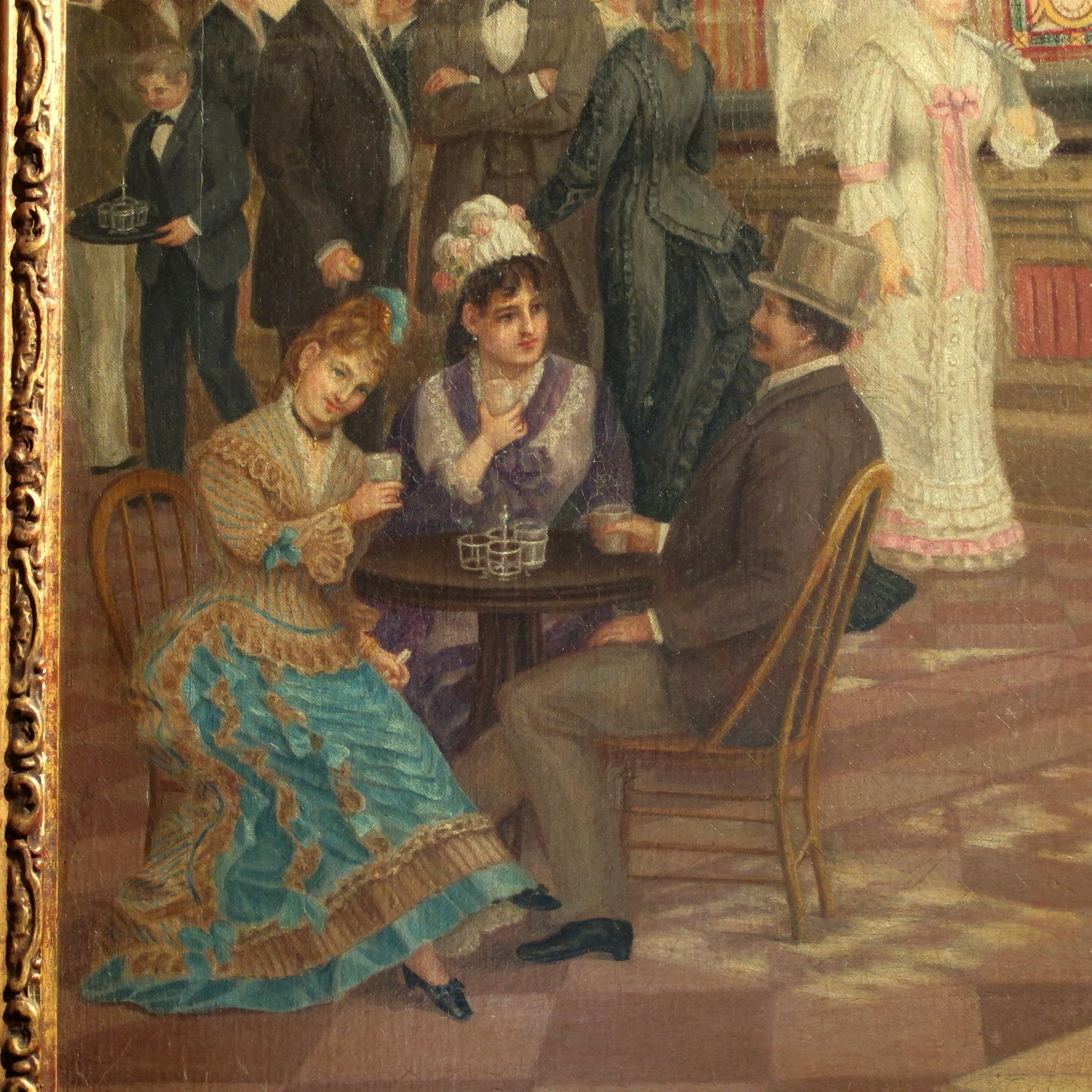 Belle Époque 1877 Peinture à l'huile d'une scène dans un grand hall avec un cadre en bois et gesso doré en vente