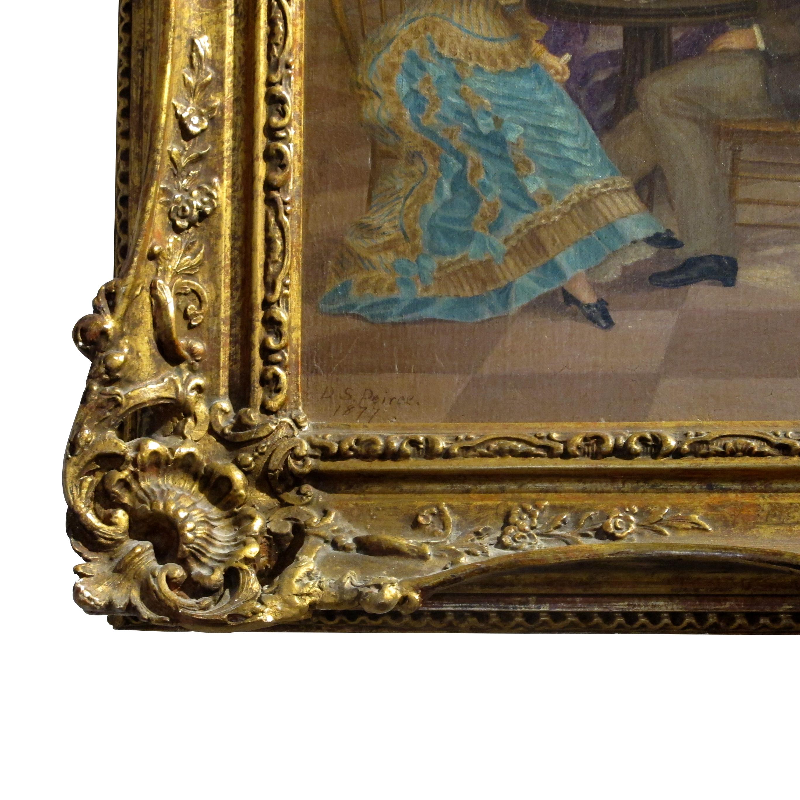 Français 1877 Peinture à l'huile d'une scène dans un grand hall avec un cadre en bois et gesso doré en vente