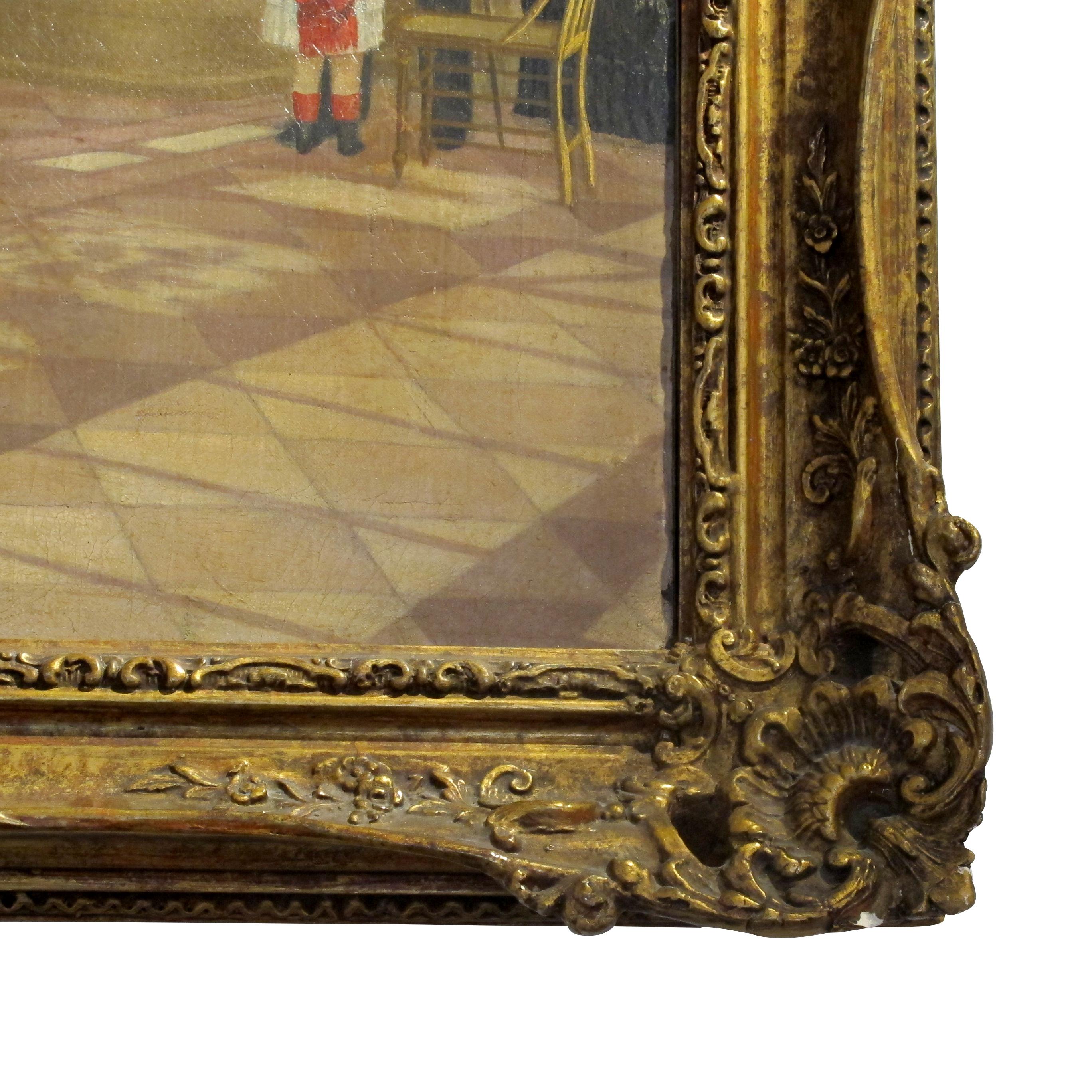 Doré 1877 Peinture à l'huile d'une scène dans un grand hall avec un cadre en bois et gesso doré en vente