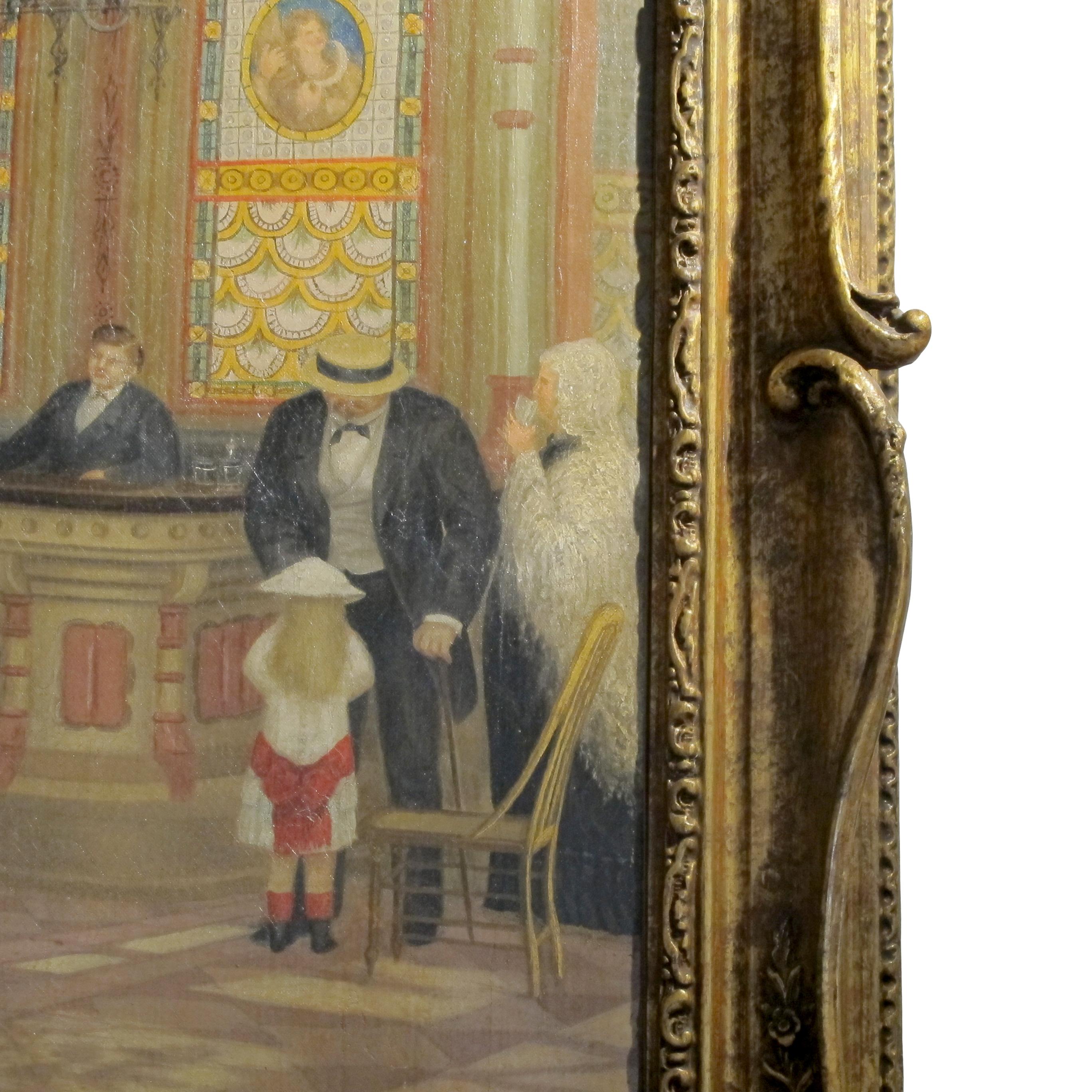 1877 Peinture à l'huile d'une scène dans un grand hall avec un cadre en bois et gesso doré Bon état - En vente à London, GB