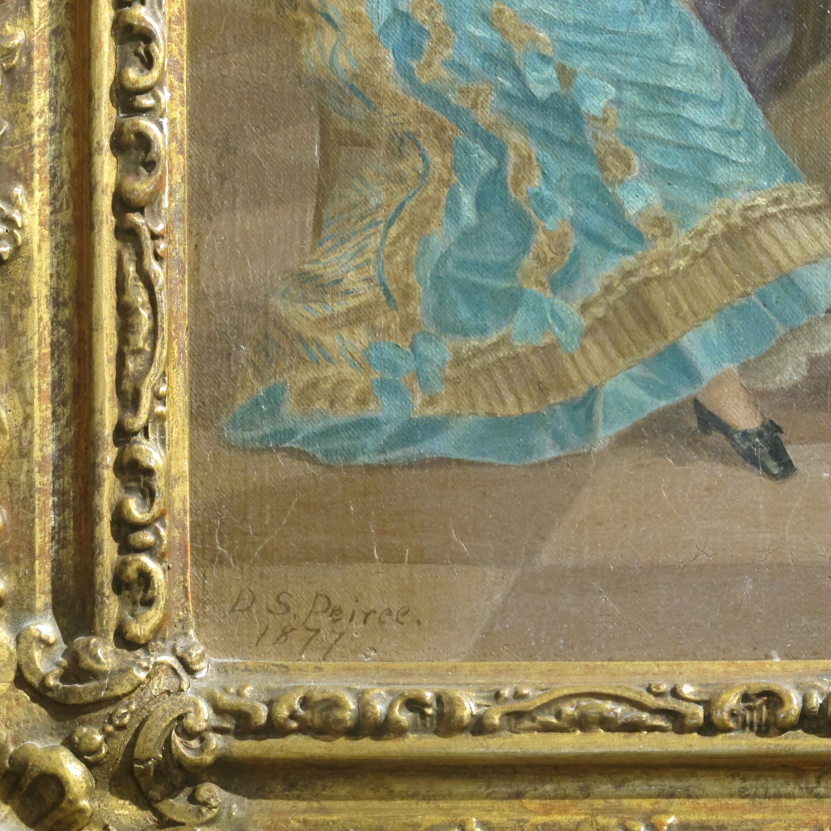 Toile 1877 Peinture à l'huile d'une scène dans un grand hall avec un cadre en bois et gesso doré en vente