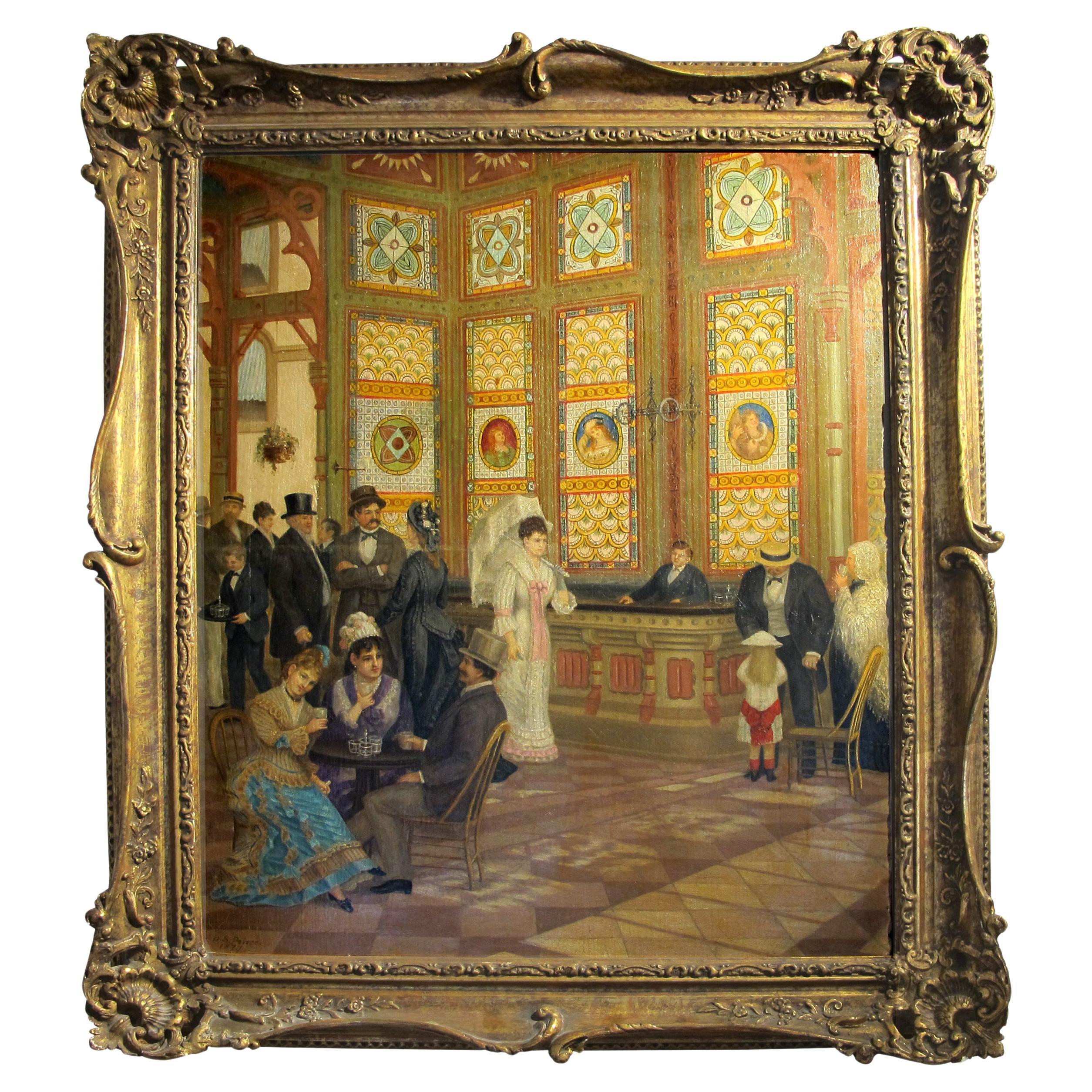 1877 Peinture à l'huile d'une scène dans un grand hall avec un cadre en bois et gesso doré en vente