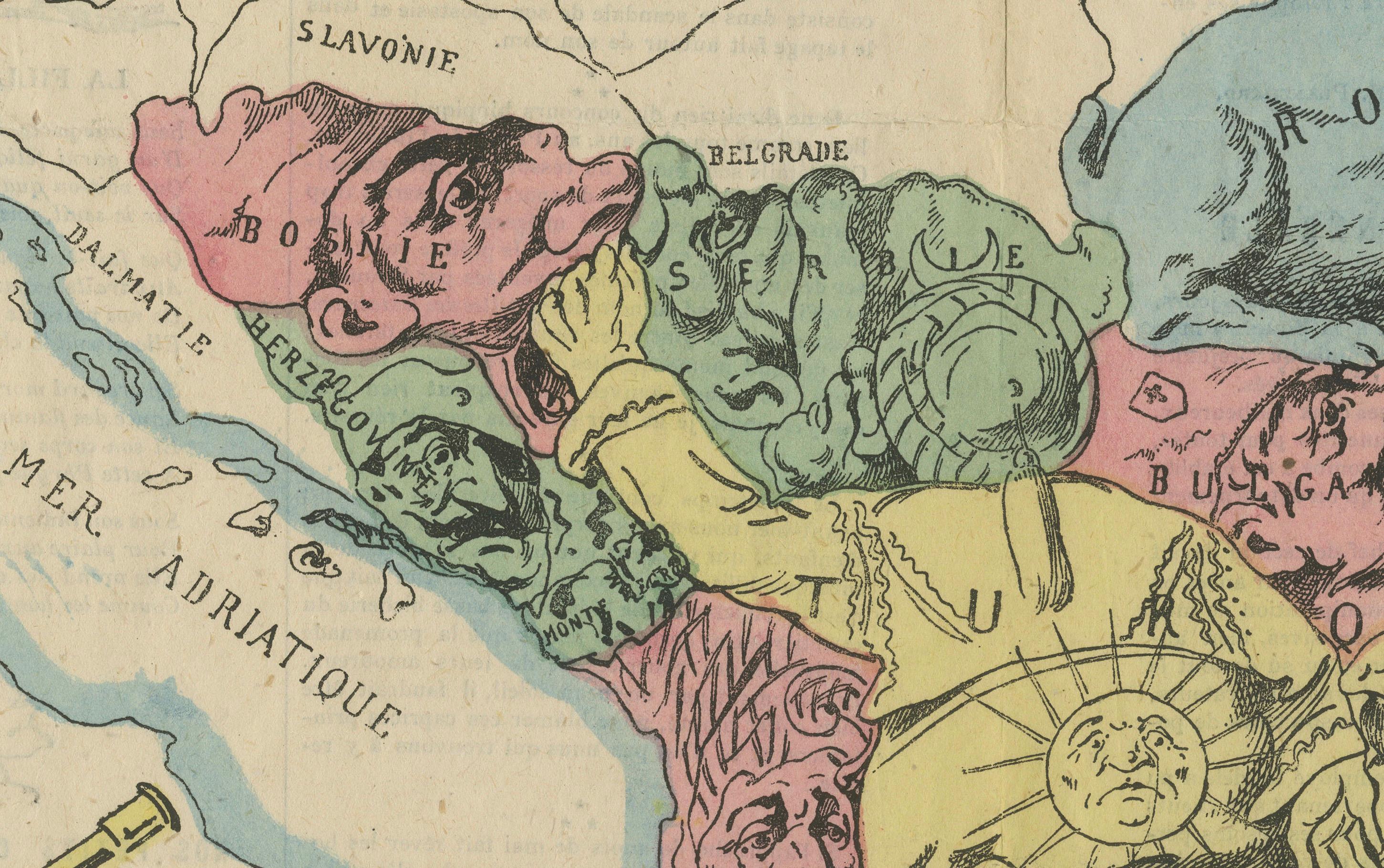 Fine XIX secolo Mappa satirica della guerra d'Oriente del 1877: le potenze europee come personaggi caricaturali in vendita