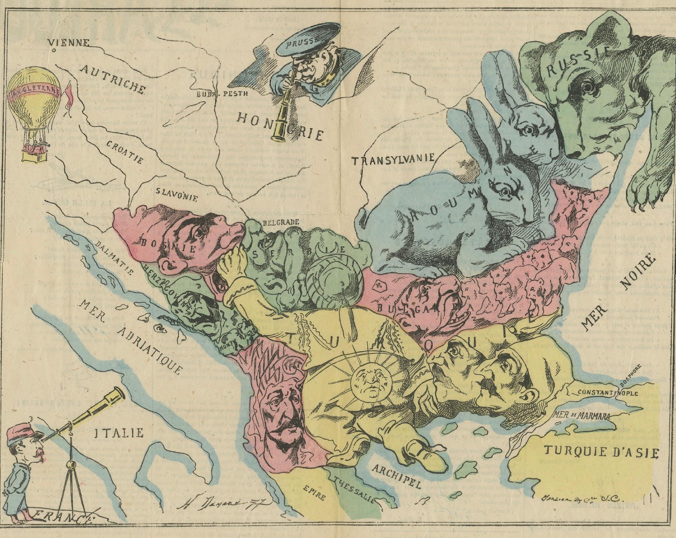 Carta Mappa satirica della guerra d'Oriente del 1877: le potenze europee come personaggi caricaturali in vendita