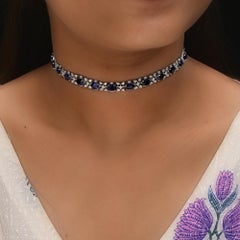 18.77TCW Blue Sapphire and Diamond Wedding Choker Necklace in 18k White Gold