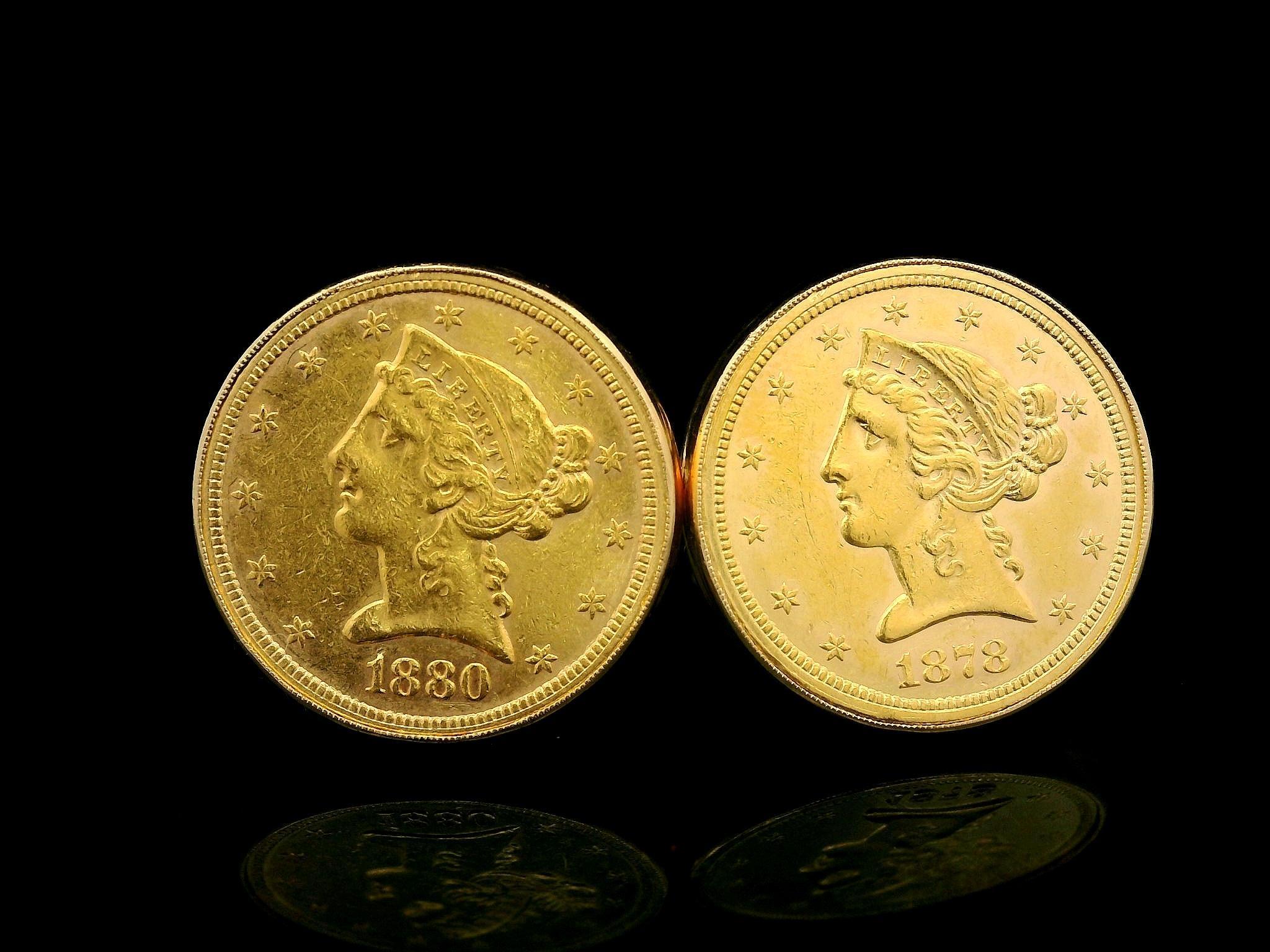 1878 1880-S 5 Dollar Yellow Gold Liberty Coin Cufflinks with Swivel Backs en vente 1