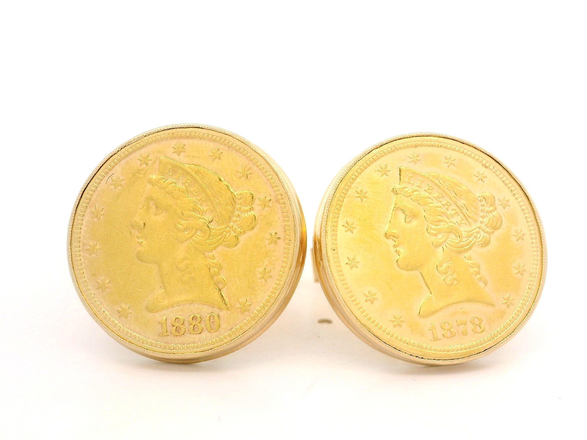 1878 1880-S 5 Dollar Yellow Gold Liberty Coin Cufflinks with Swivel Backs en vente 3