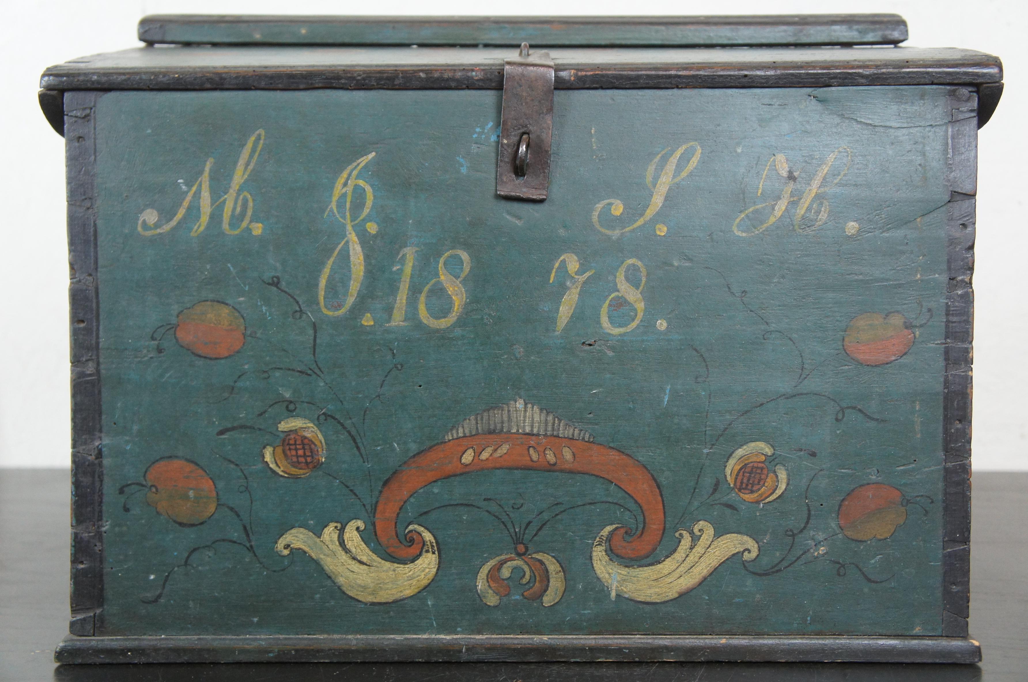 1878 Antique Scandinavian Folk Art Painted Letter Box Mail Polychrome Primitive 1