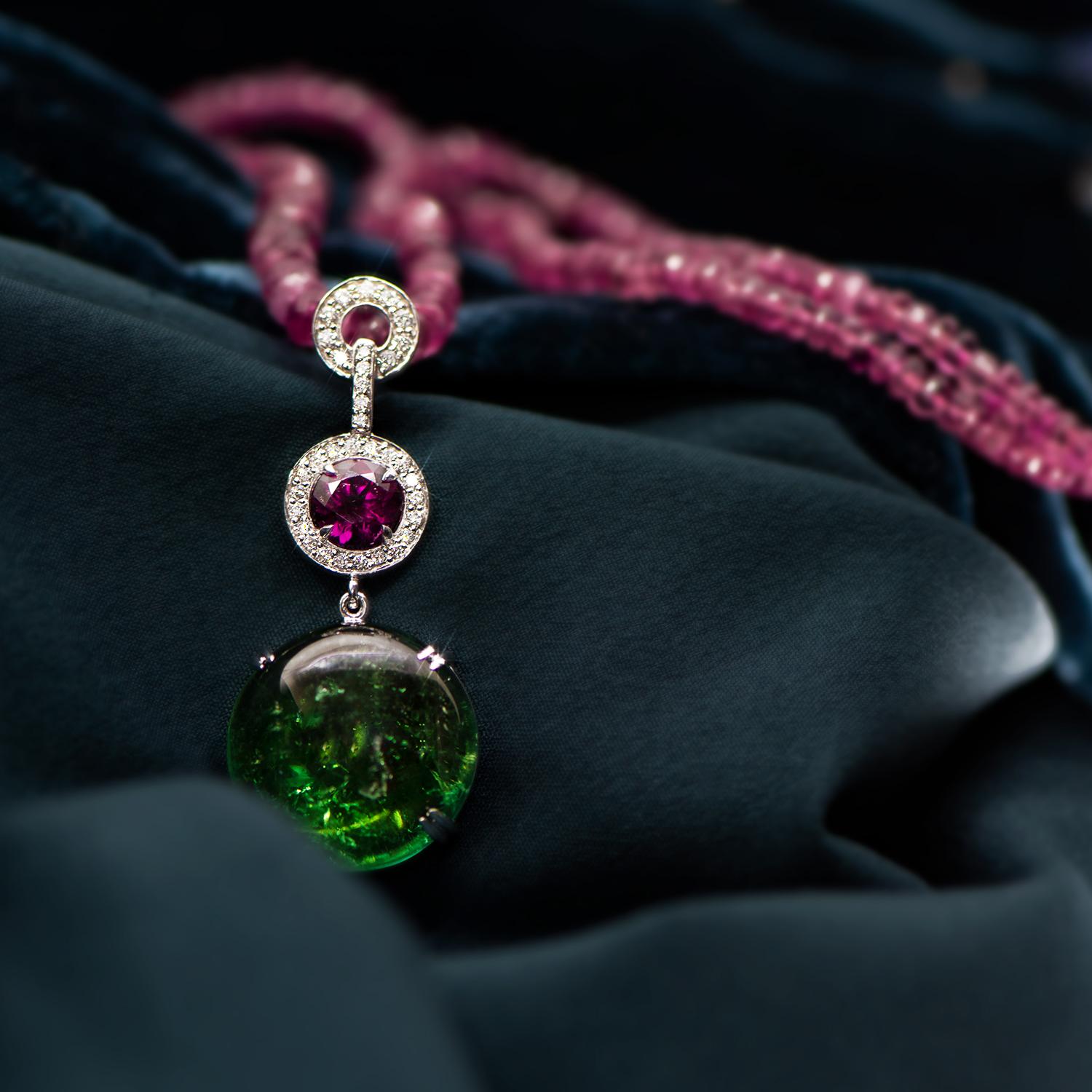 18.78 Carat Green Pink Tourmaline Cabochon Diamond Enhancer Natalie Barney For Sale 1