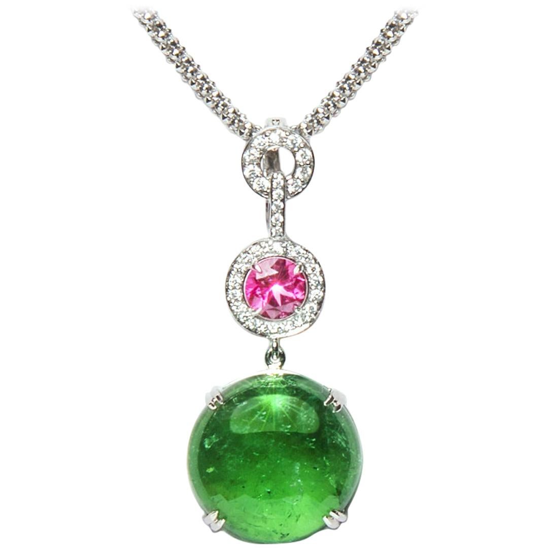 18.78 Carat Green Pink Tourmaline Cabochon Diamond Enhancer Natalie Barney For Sale