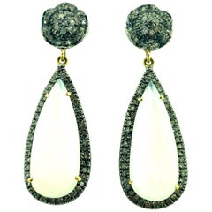 18.78 Carat Moonstone Diamond Earring in Oxidized Sterling Silver, 14 Karat Gold