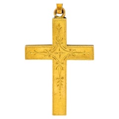 1878 Viktorianischer 14 Karat Gelbgold gravierter Unisex-Kreuz-Anhänger