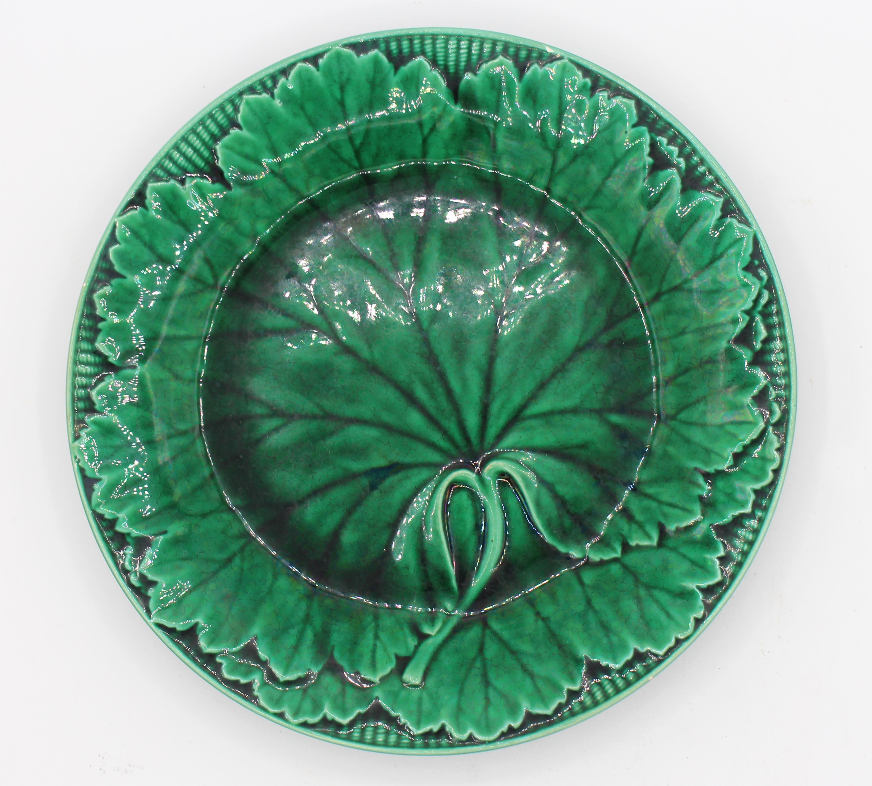 April, 1879 pair of Wedgwood green leaf majolica plates, English. A fine pair, impressed marks: AOH, Wedgwood. Large cabbage leaf decoration over basketweave border. 7.75