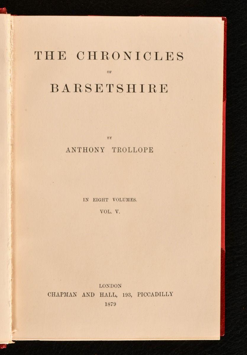 A fine Bayntun-Riviere set of Anthony Trollope's noted series 'The Chronicles of Barsetshire'.

With an illustrated frontispiece to  all volumes.

Anthony Trollope (1815-1882) was an English novelist, with the Chronicles of Barsetshire being his