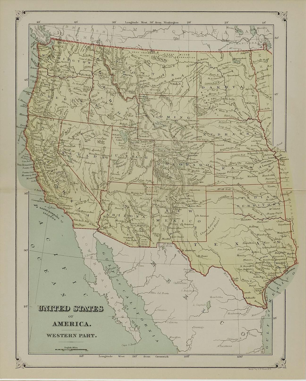 This colorful original map, titled “United States of America, Western Part,” was issued in Volume 16 of “The American Cyclopædia.” A detailed reference map, the map was printed in color and engraved by O. J. Stuart in New York. 

The map depicts