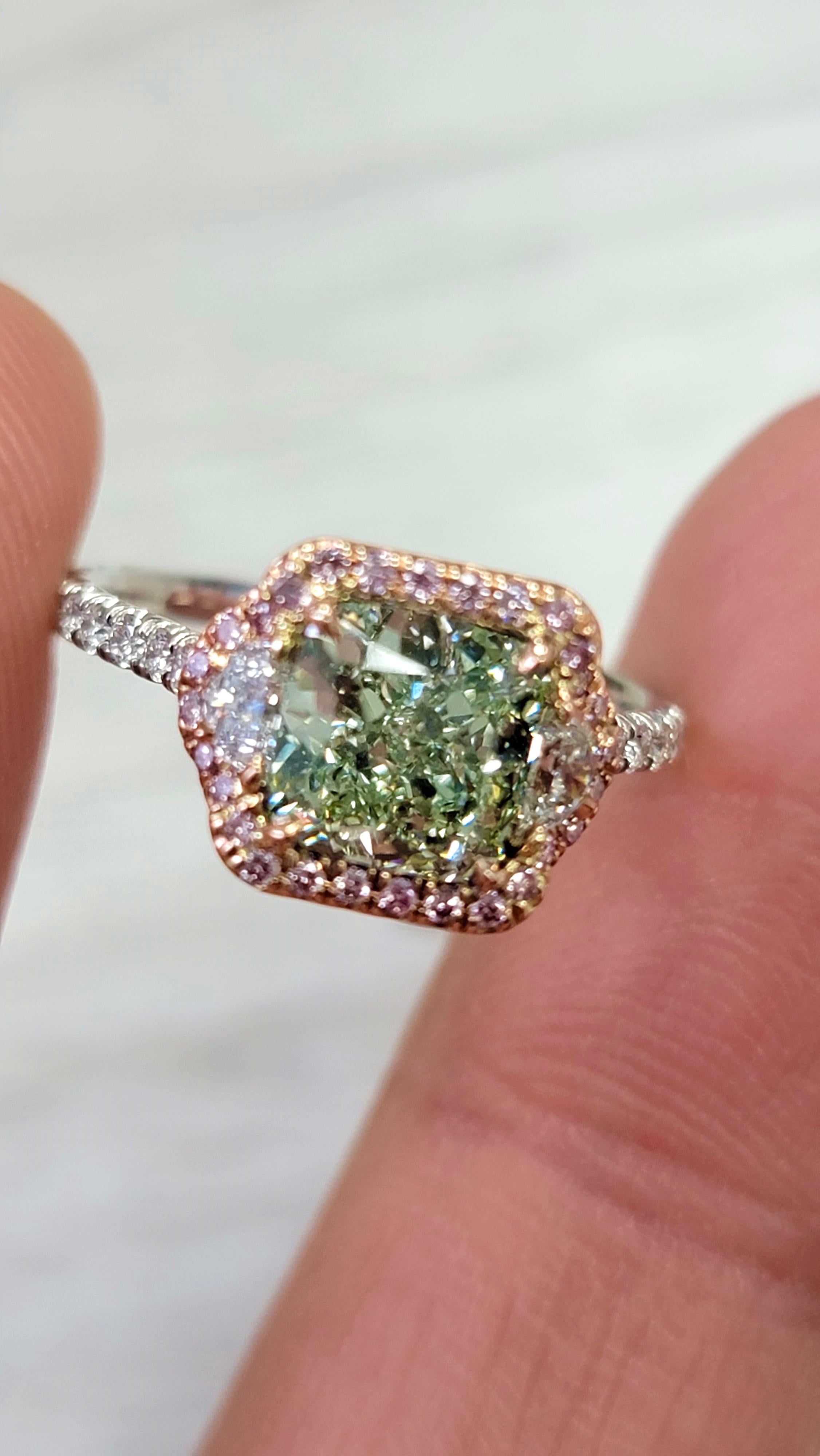 1.87ct Fancy Yellowish Green Cushion Cut Diamond Ring In New Condition In New York, NY