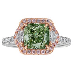 1.87ct Fancy Yellowish Green Cushion Cut Diamond Ring