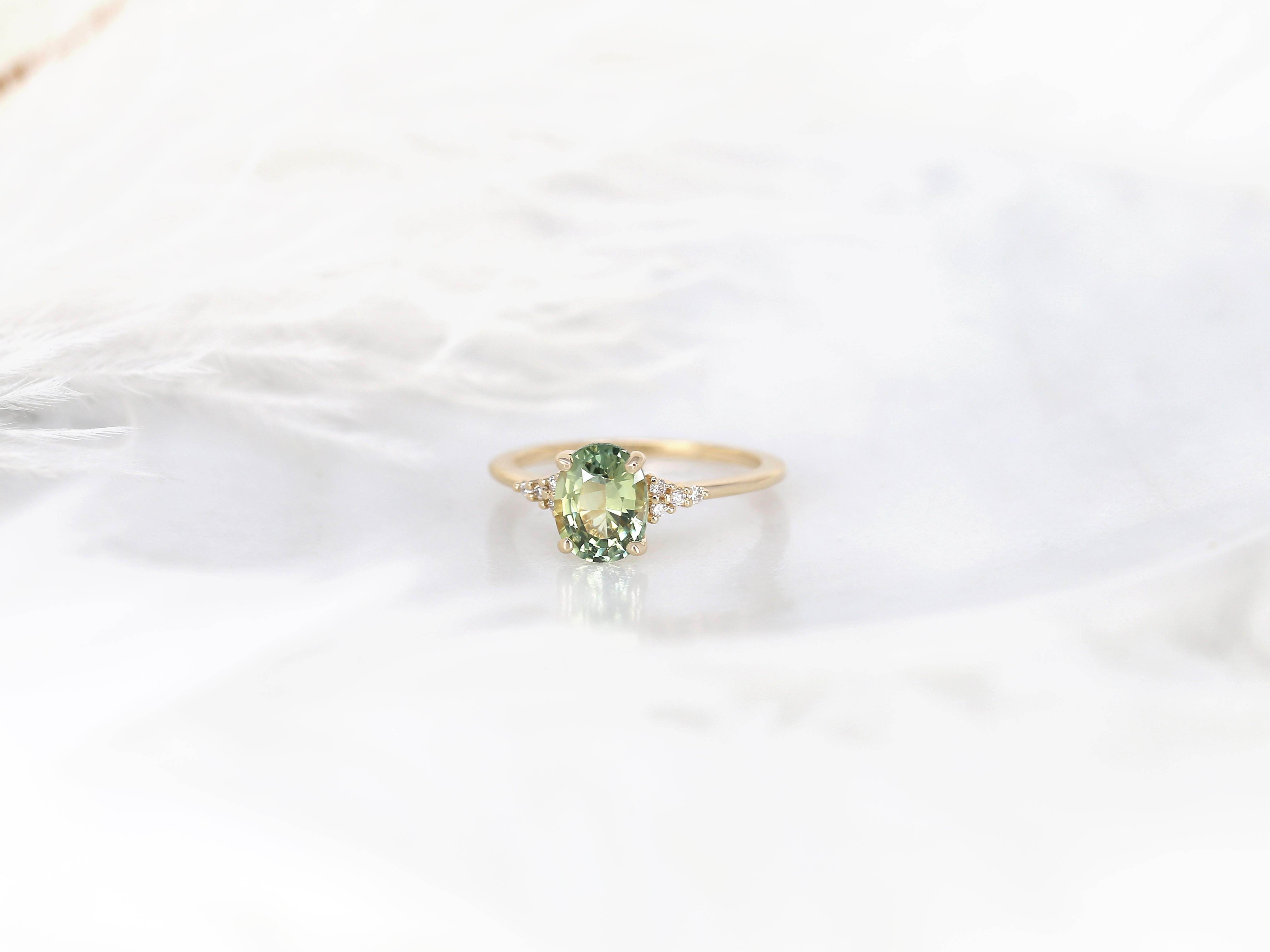 1.87ct Maddy 14kt Gold Bright Lime Teal Sapphire Diamond Cluster Oval Ring For Sale 3