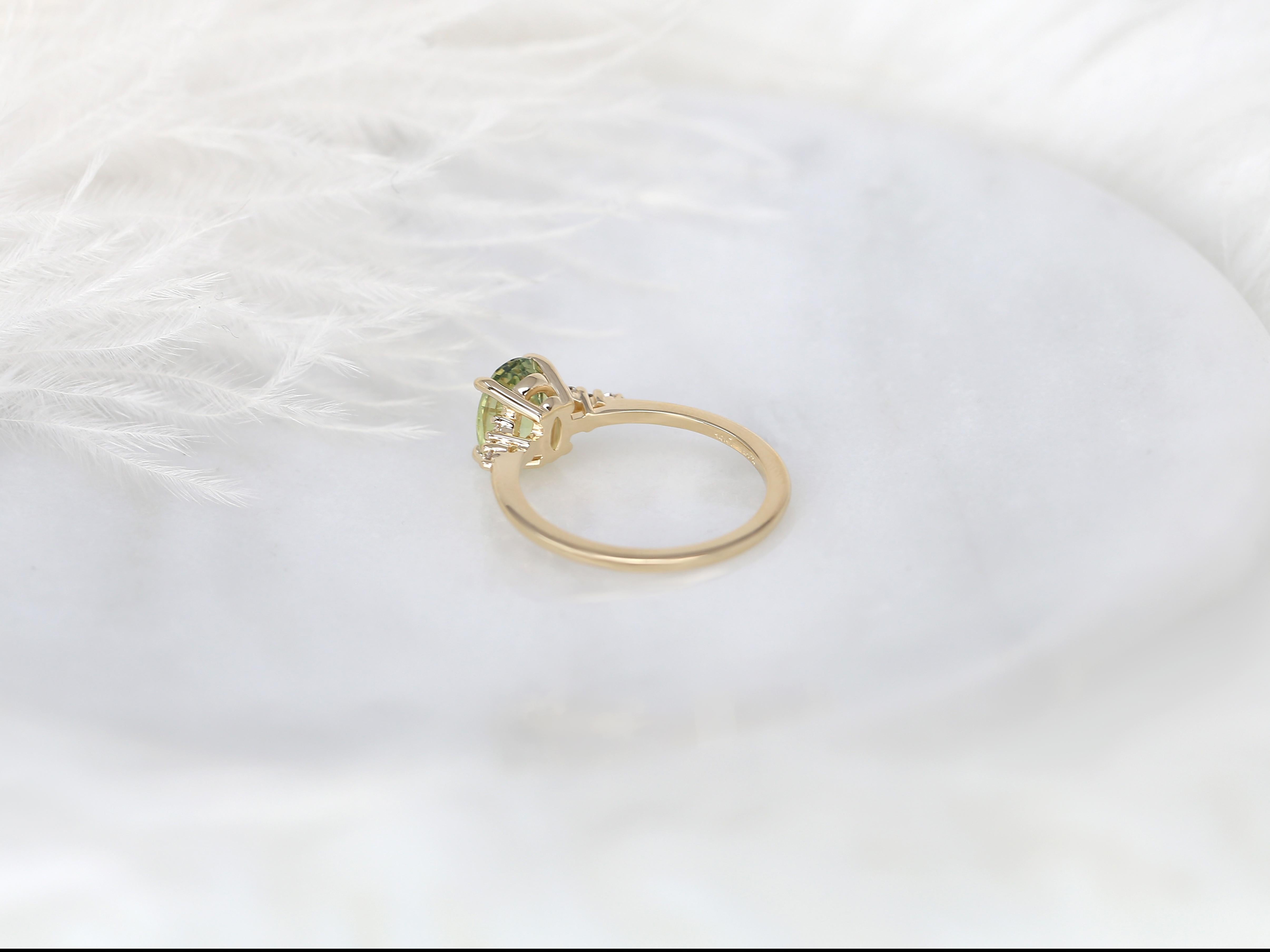 1.87ct Maddy 14kt Gold Bright Lime Teal Sapphire Diamond Cluster Oval Ring For Sale 4
