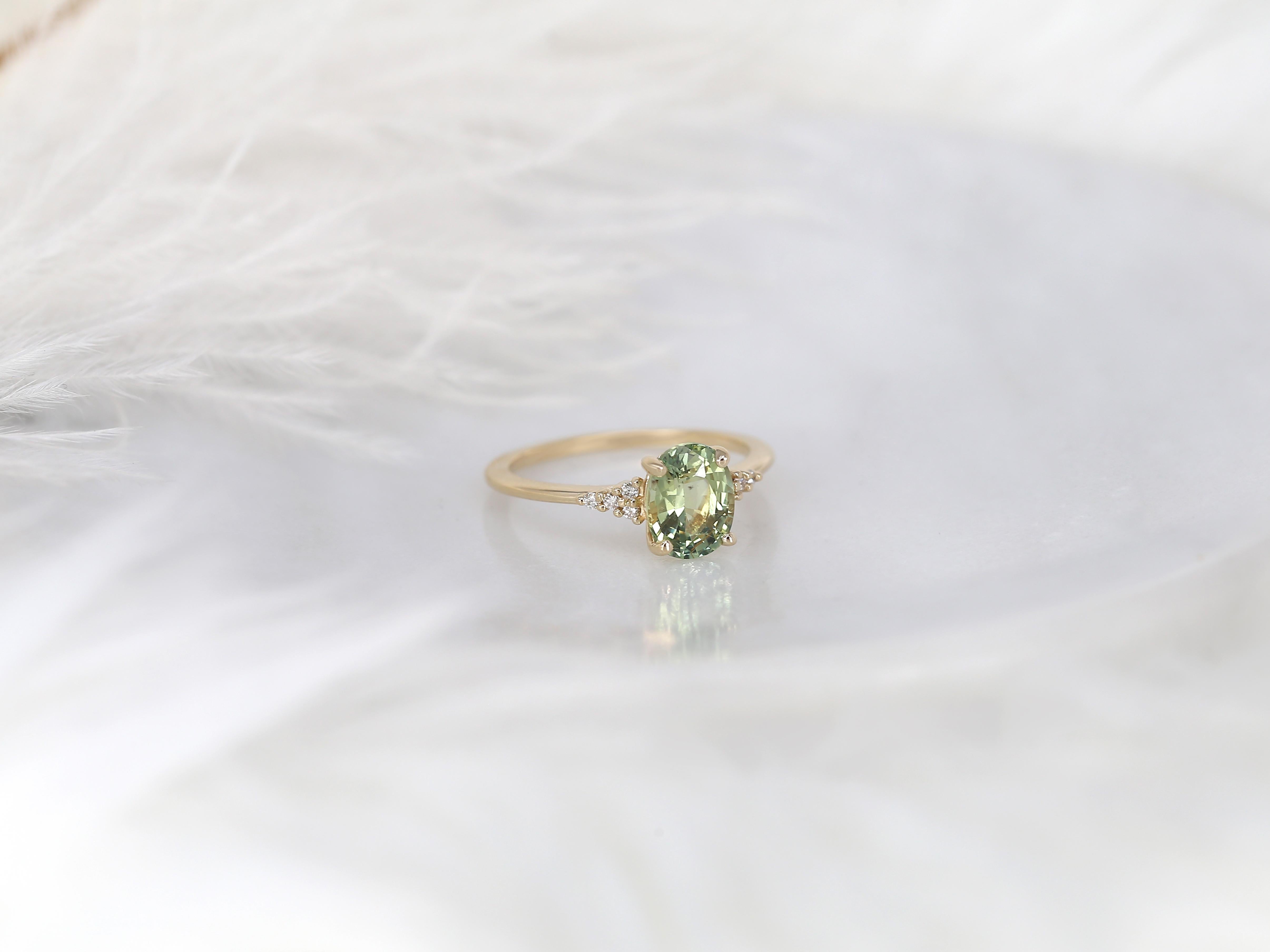 1.87ct Maddy 14kt Gold Bright Lime Teal Sapphire Diamond Cluster Oval Ring In New Condition For Sale In Chicago, IL