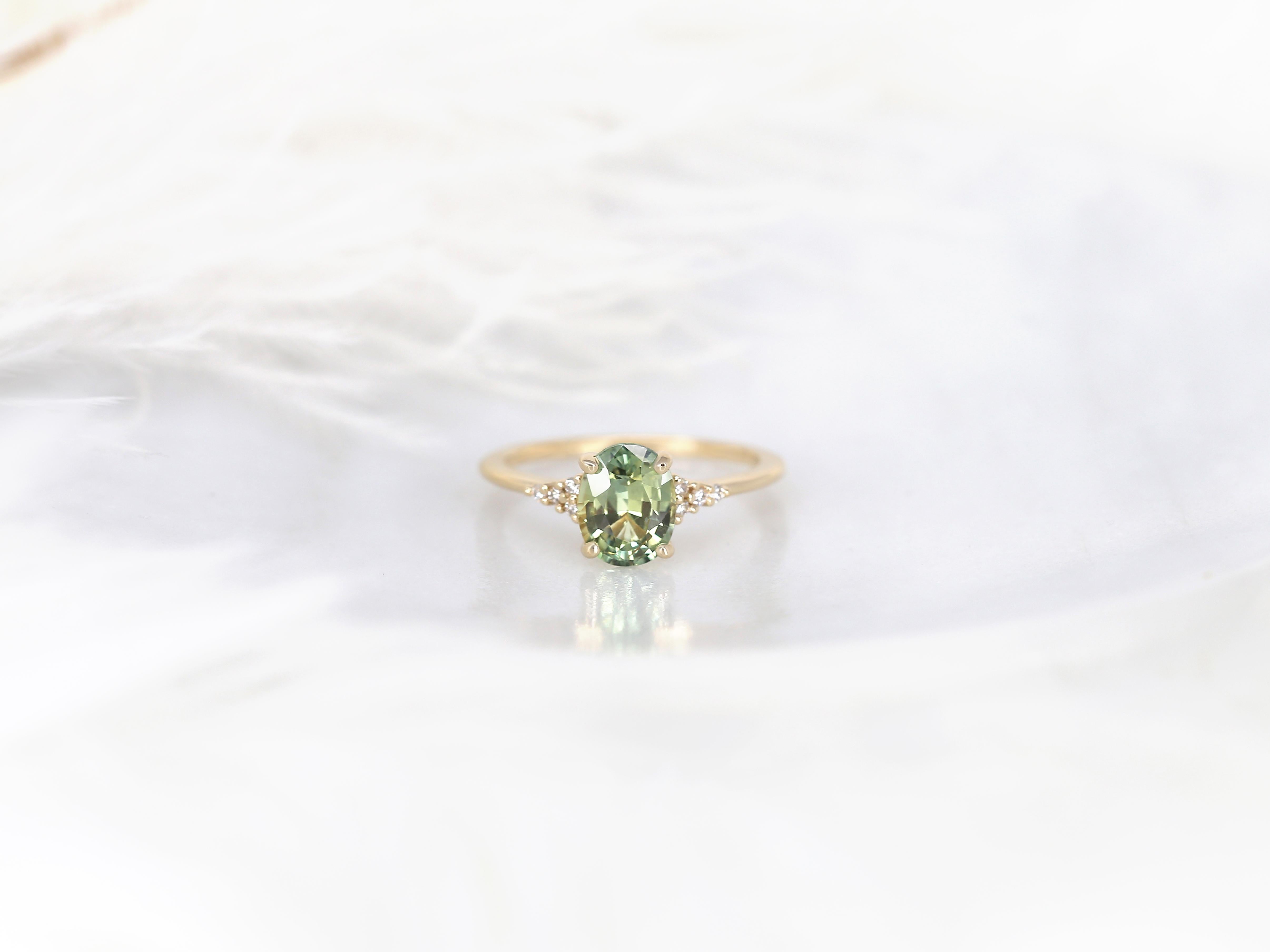 Women's 1.87ct Maddy 14kt Gold Bright Lime Teal Sapphire Diamond Cluster Oval Ring For Sale