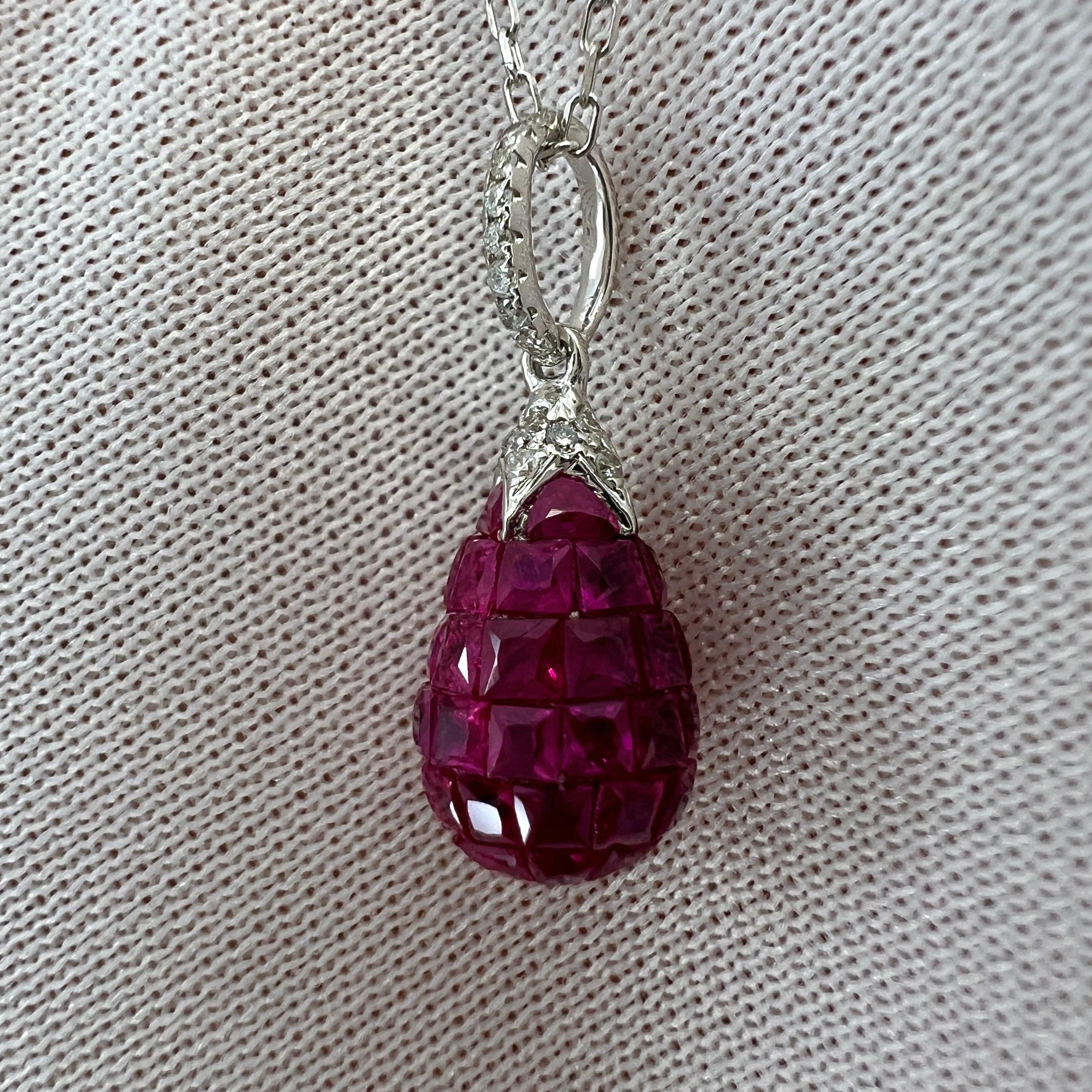 1.87ct Natural Red Ruby & Diamond Mystery Set 18k White Gold Briolette Necklace 5
