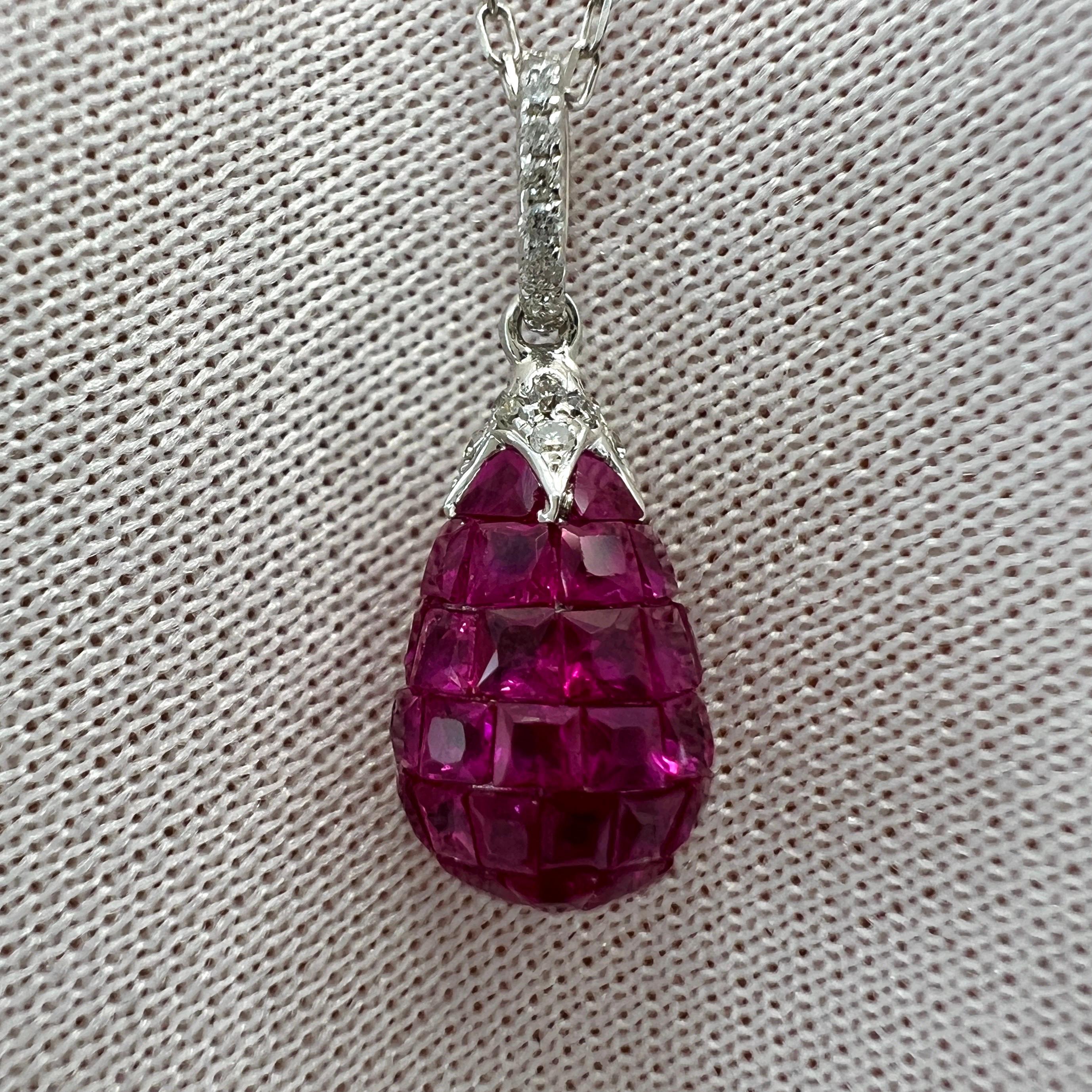1.87ct Natural Red Ruby & Diamond Mystery Set 18k White Gold Briolette Necklace In Excellent Condition In Birmingham, GB