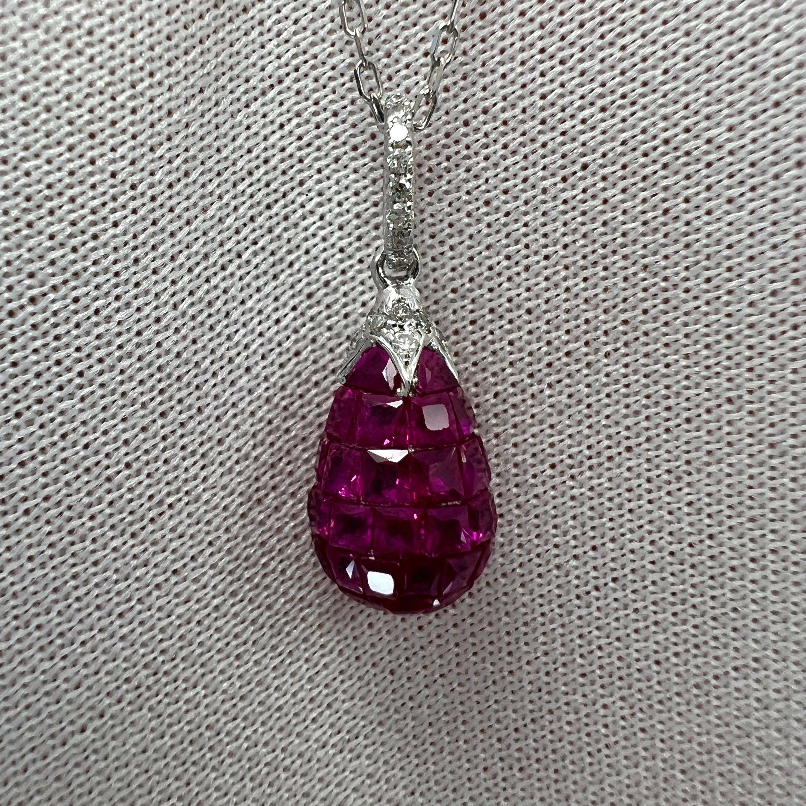 Women's or Men's 1.87ct Natural Red Ruby & Diamond Mystery Set 18k White Gold Briolette Necklace
