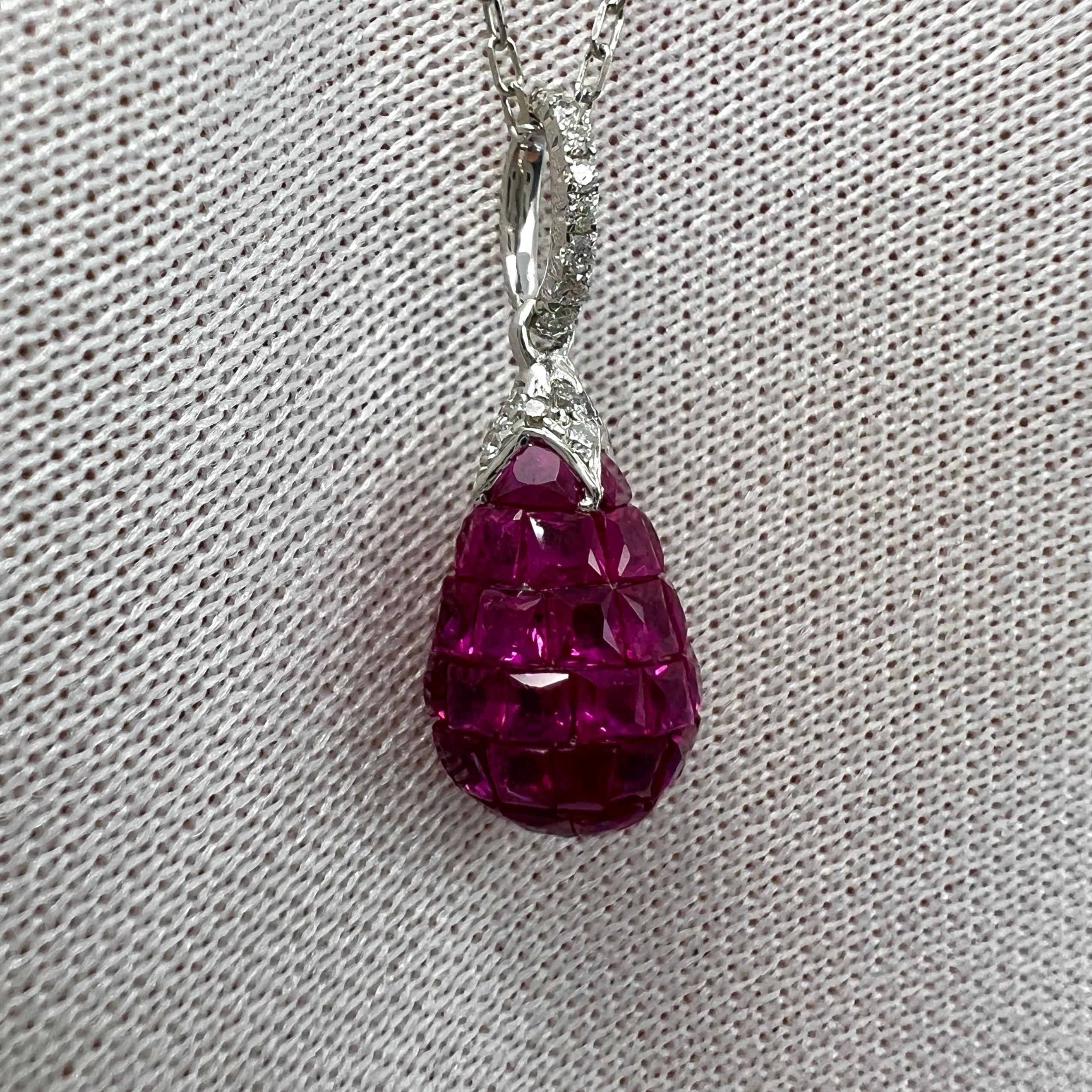1.87ct Natural Red Ruby & Diamond Mystery Set 18k White Gold Briolette Necklace 1