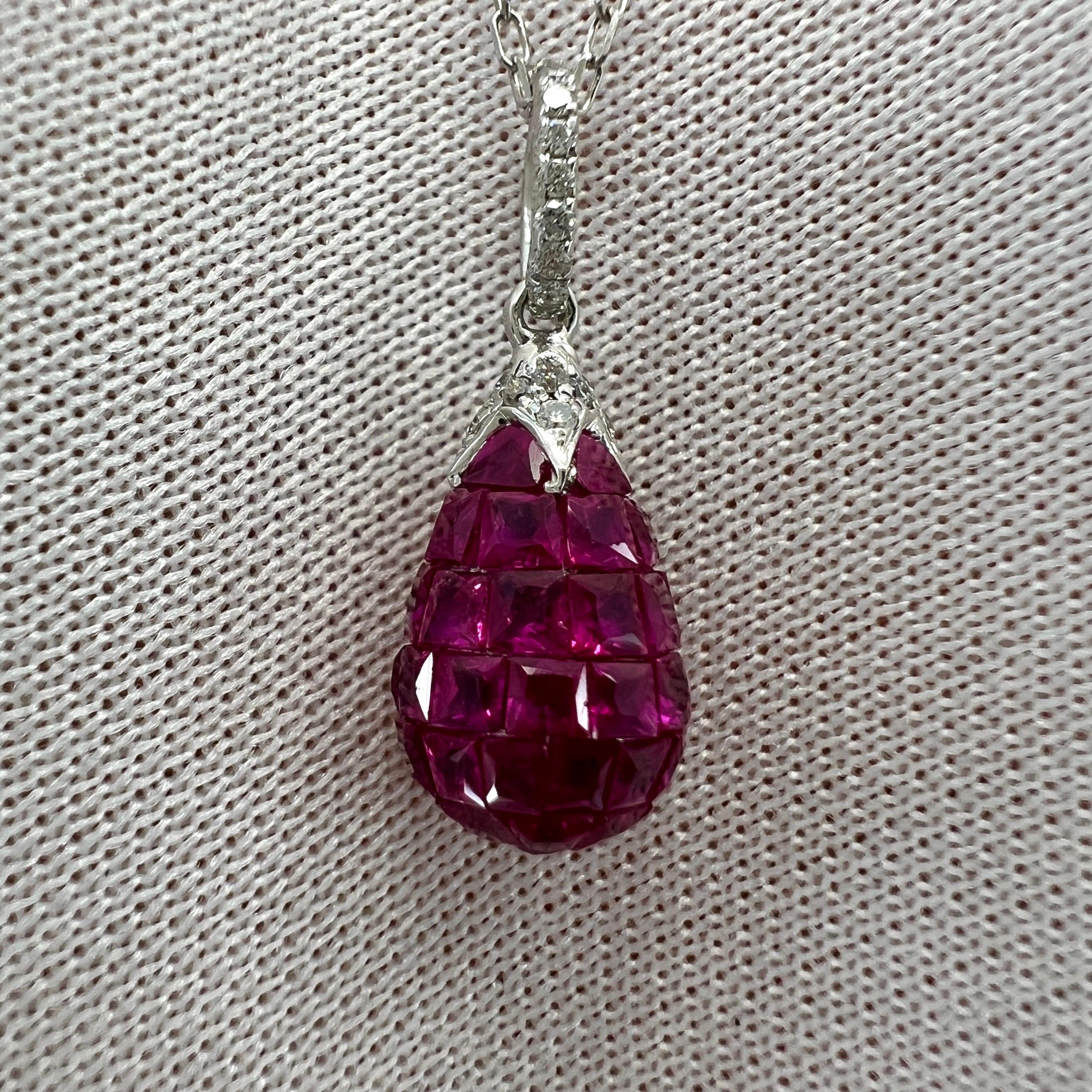 1.87ct Natural Red Ruby & Diamond Mystery Set 18k White Gold Briolette Necklace 2