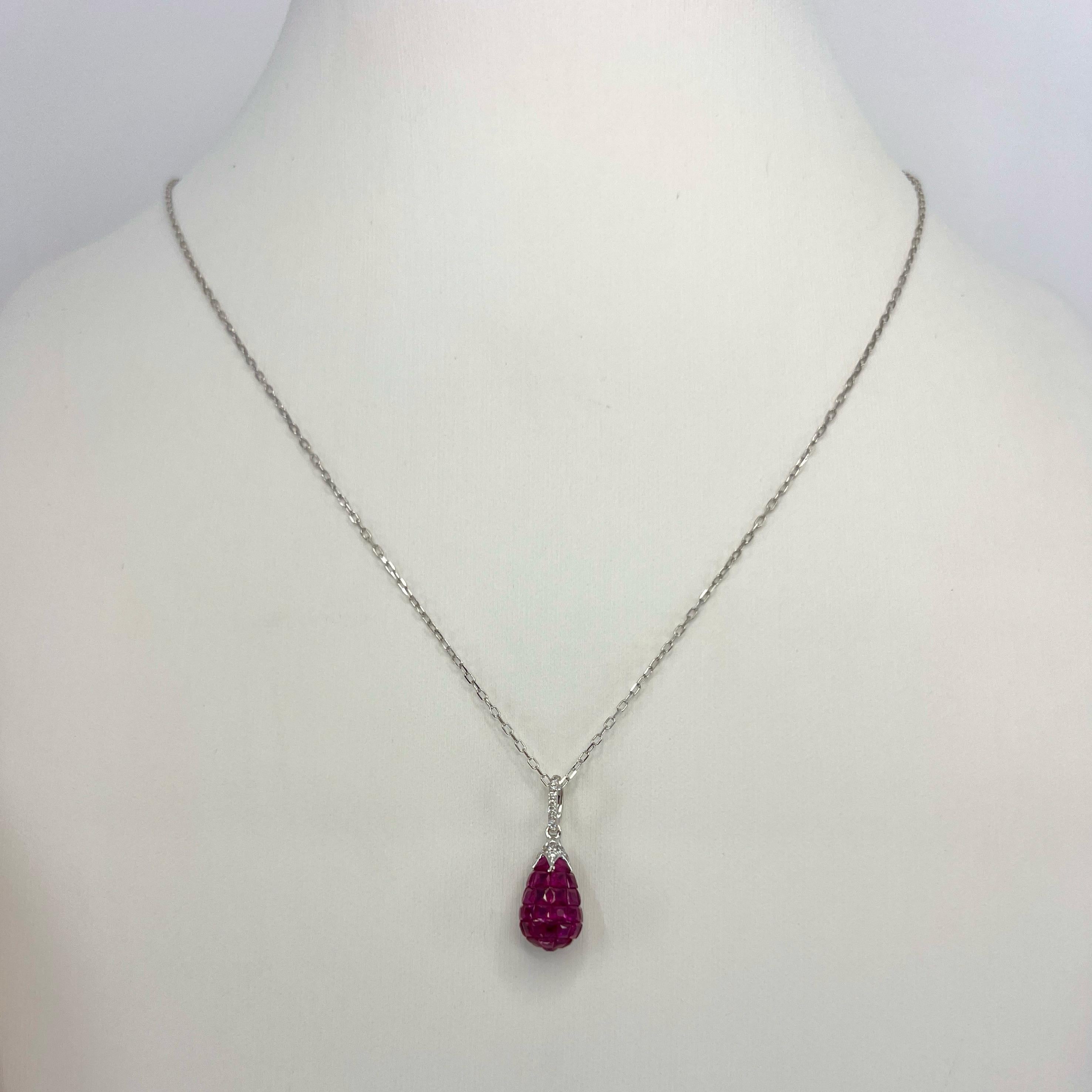 1.87ct Natural Red Ruby & Diamond Mystery Set 18k White Gold Briolette Necklace 3