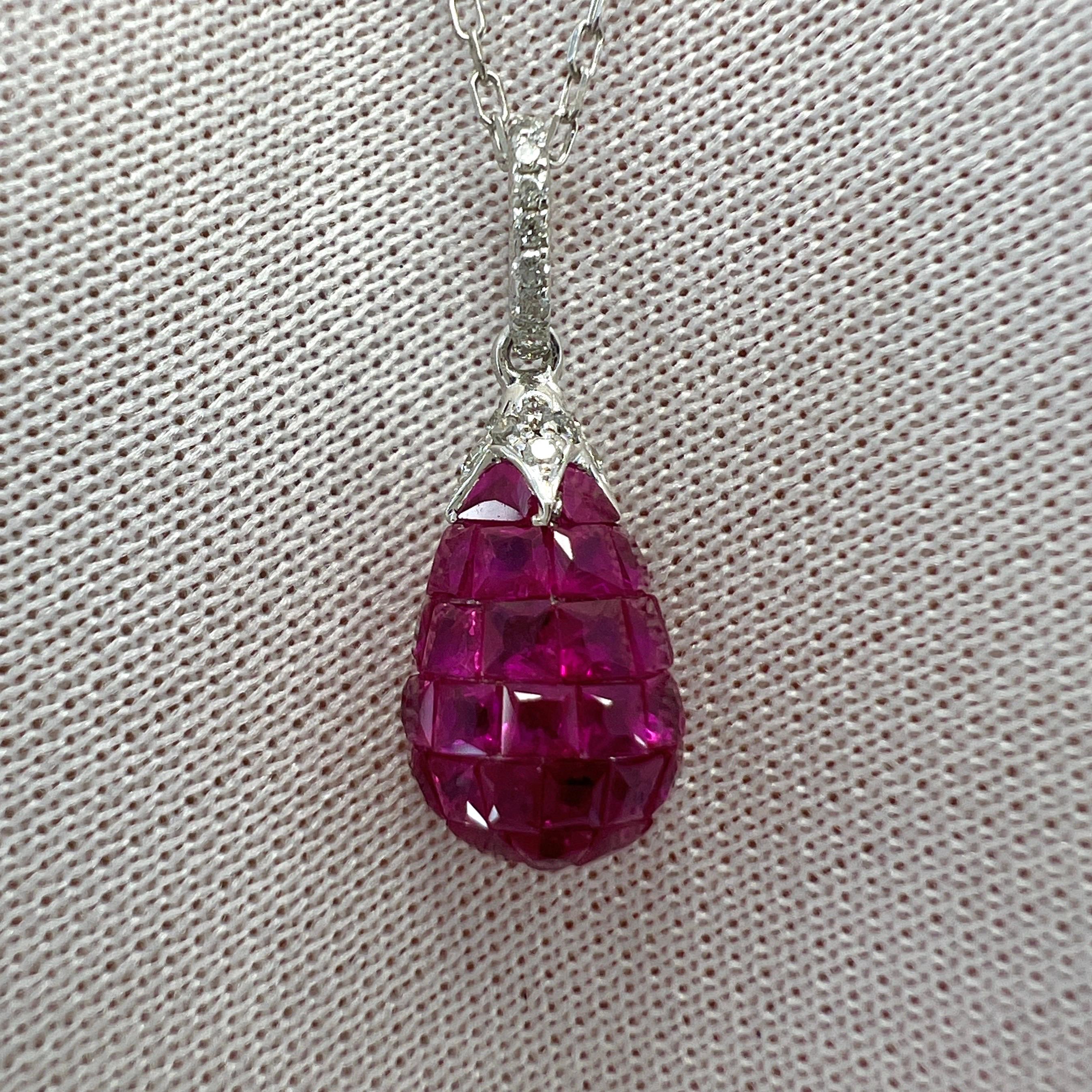 1.87ct Natural Red Ruby & Diamond Mystery Set 18k White Gold Briolette Necklace 4