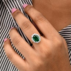 1.87 Ct Oval Cut Emerald  Diamond Halo Cluster Engagement Ring 14k Solid Gold